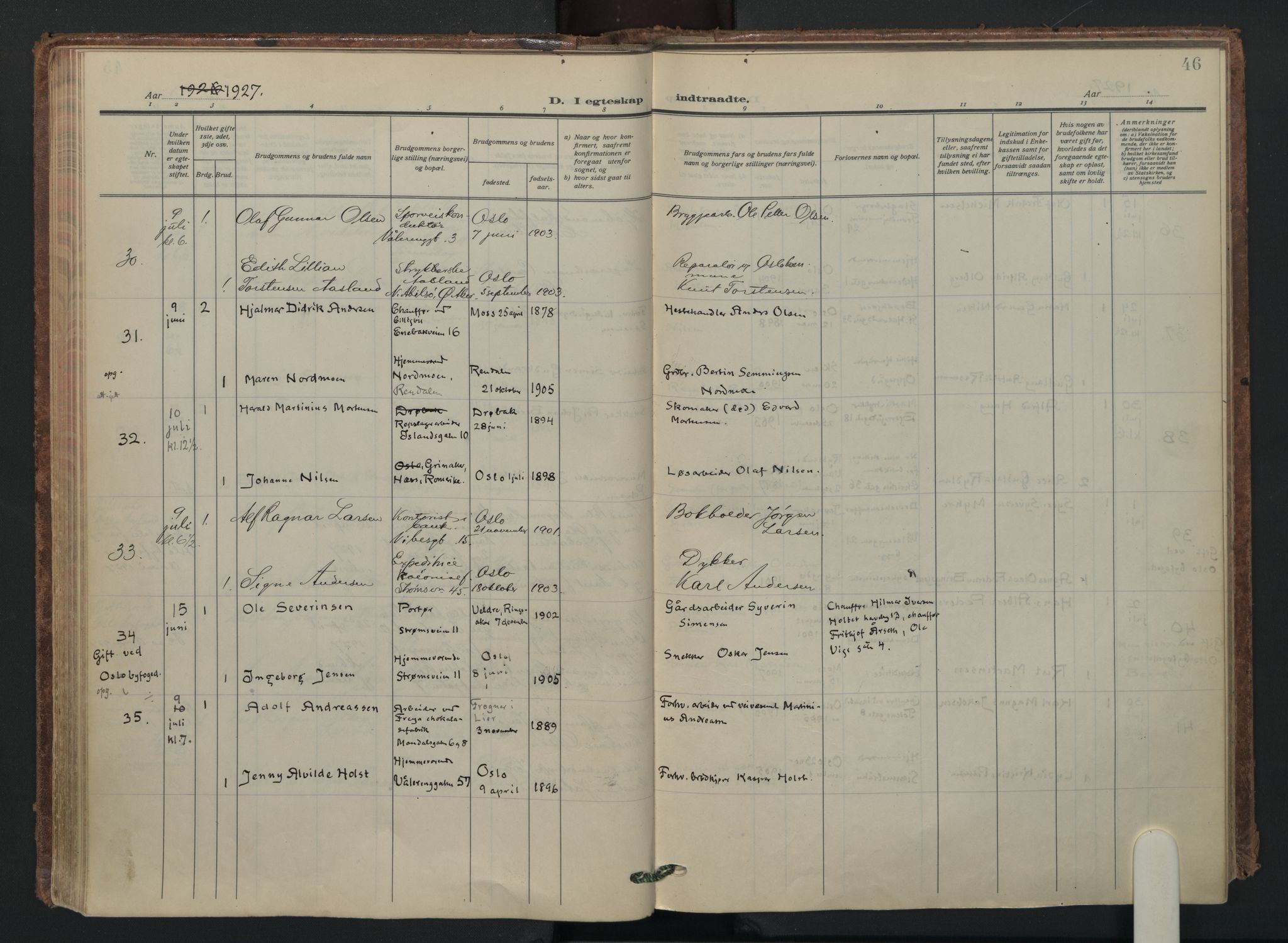 Vålerengen prestekontor Kirkebøker, AV/SAO-A-10878/F/Fa/L0005: Parish register (official) no. 5, 1924-1936, p. 46