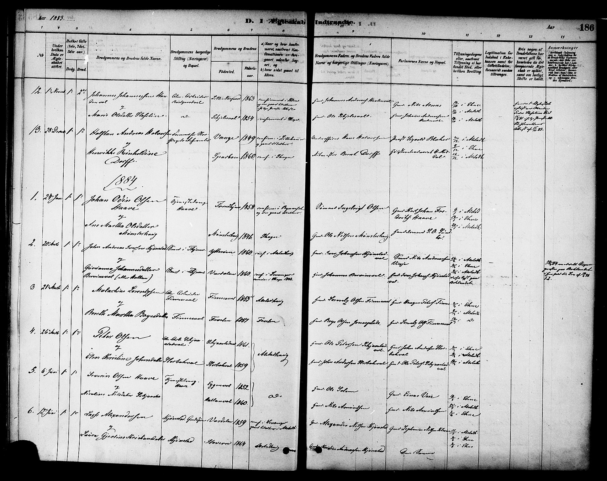 Ministerialprotokoller, klokkerbøker og fødselsregistre - Nord-Trøndelag, SAT/A-1458/717/L0159: Parish register (official) no. 717A09, 1878-1898, p. 186