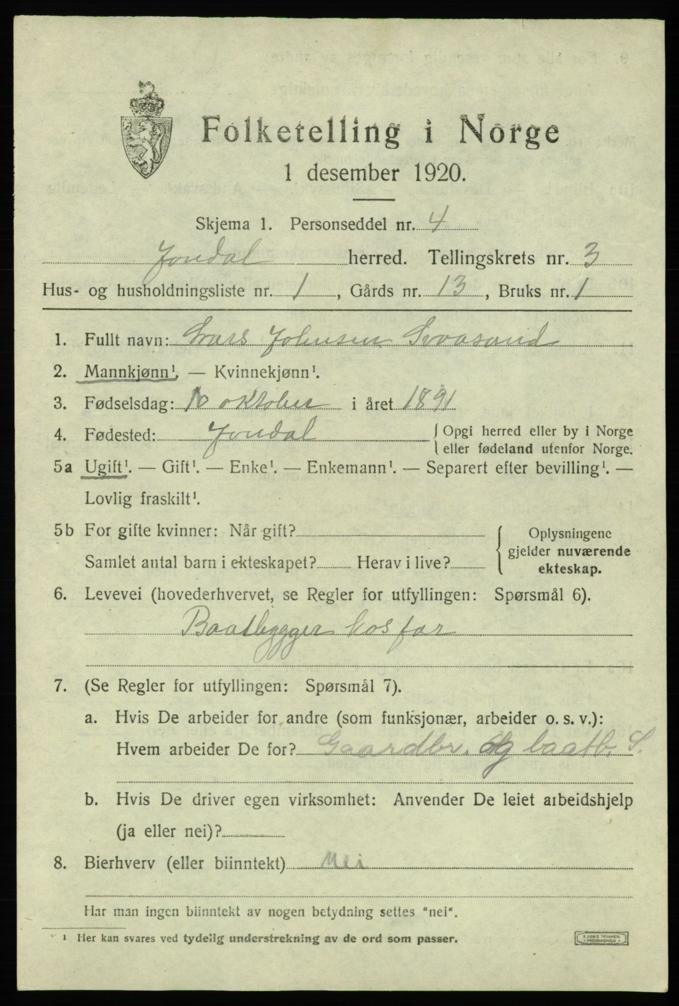 SAB, 1920 census for Jondal, 1920, p. 1752