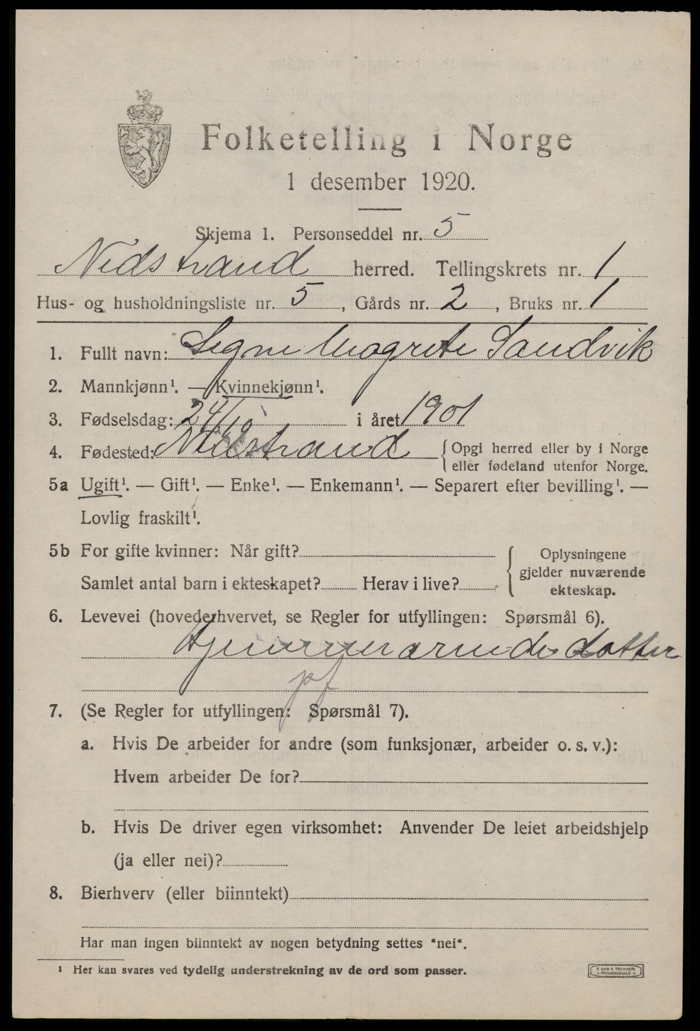 SAST, 1920 census for Nedstrand, 1920, p. 667