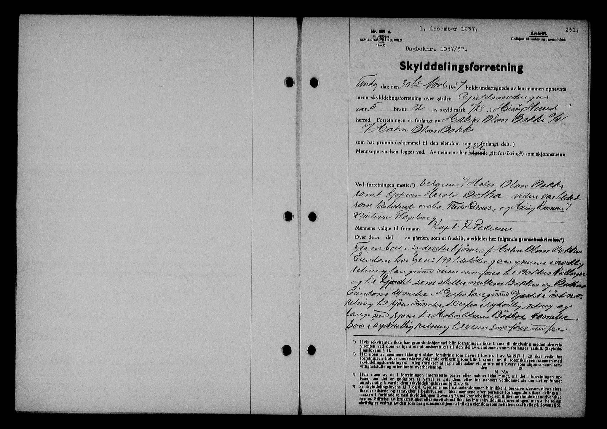 Nedenes sorenskriveri, SAK/1221-0006/G/Gb/Gba/L0044: Mortgage book no. 40, 1937-1938, Diary no: : 1057/1937