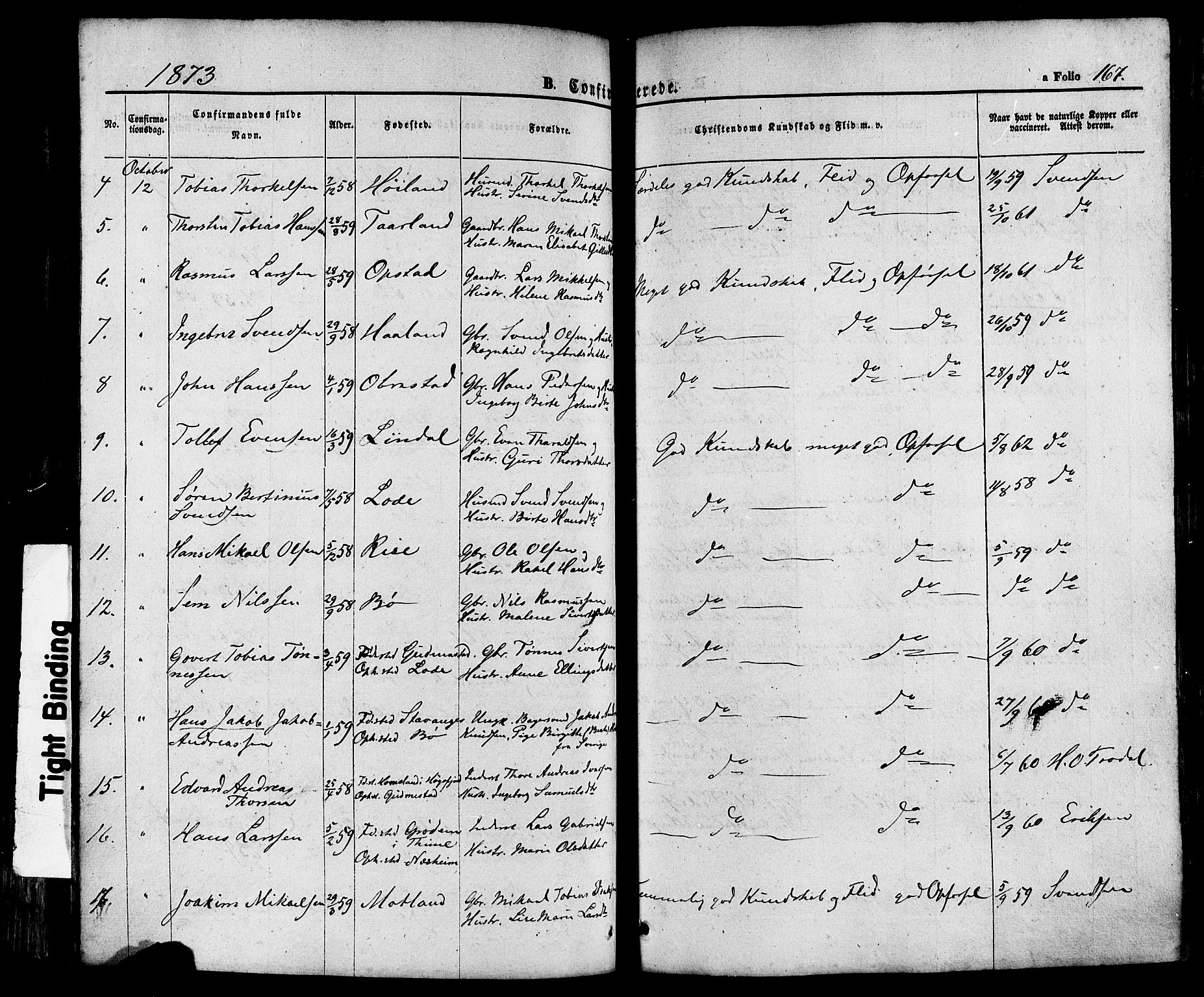 Hå sokneprestkontor, SAST/A-101801/001/30BA/L0008: Parish register (official) no. A 7, 1853-1878, p. 167