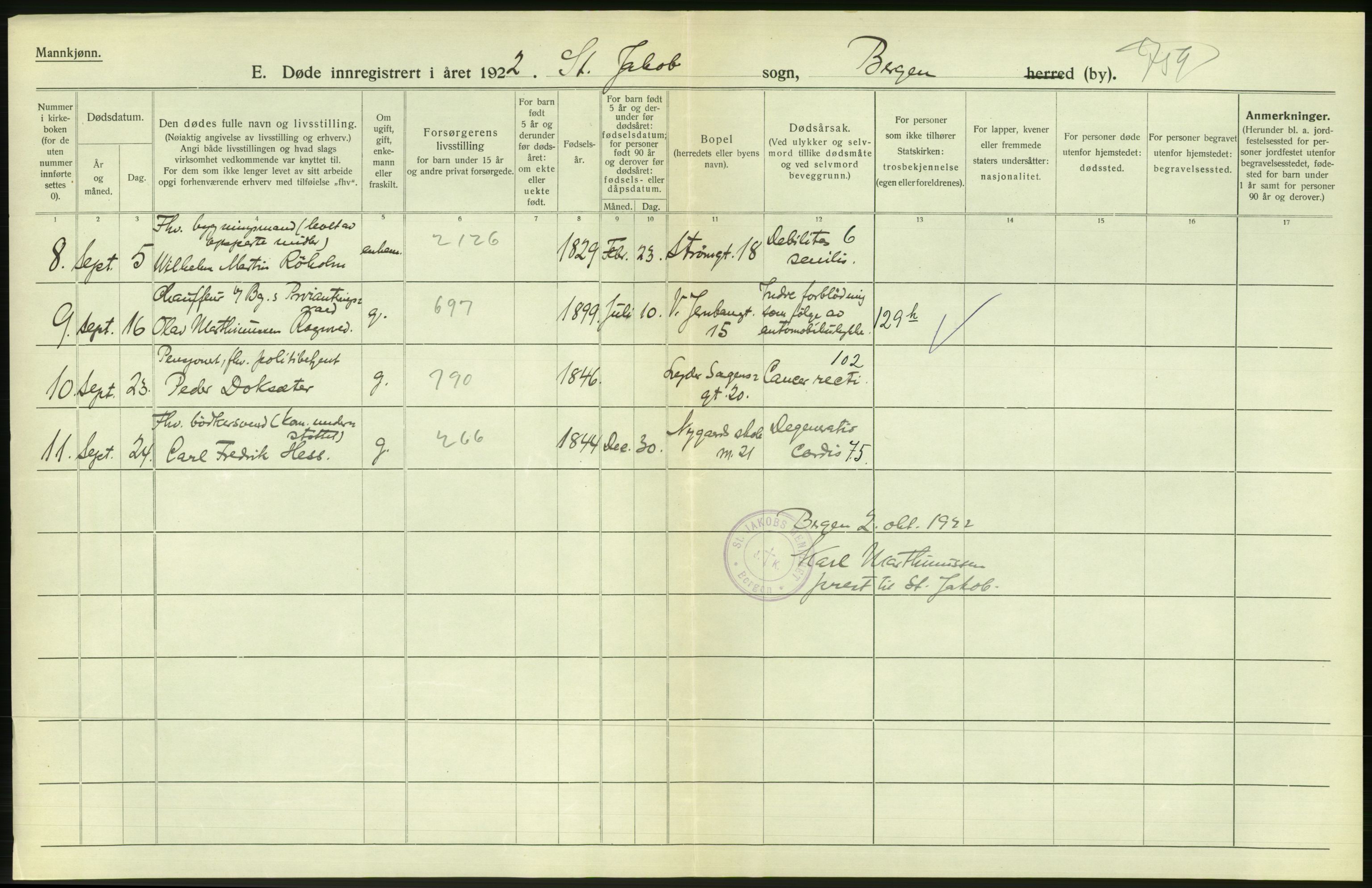 Statistisk sentralbyrå, Sosiodemografiske emner, Befolkning, AV/RA-S-2228/D/Df/Dfc/Dfcb/L0030: Bergen: Gifte, døde, dødfødte., 1922, p. 450