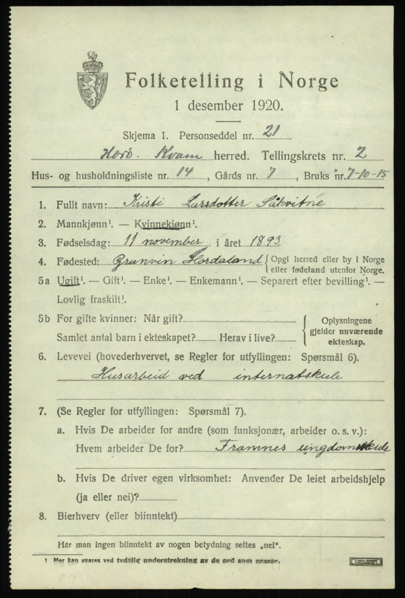 SAB, 1920 census for Kvam, 1920, p. 2011