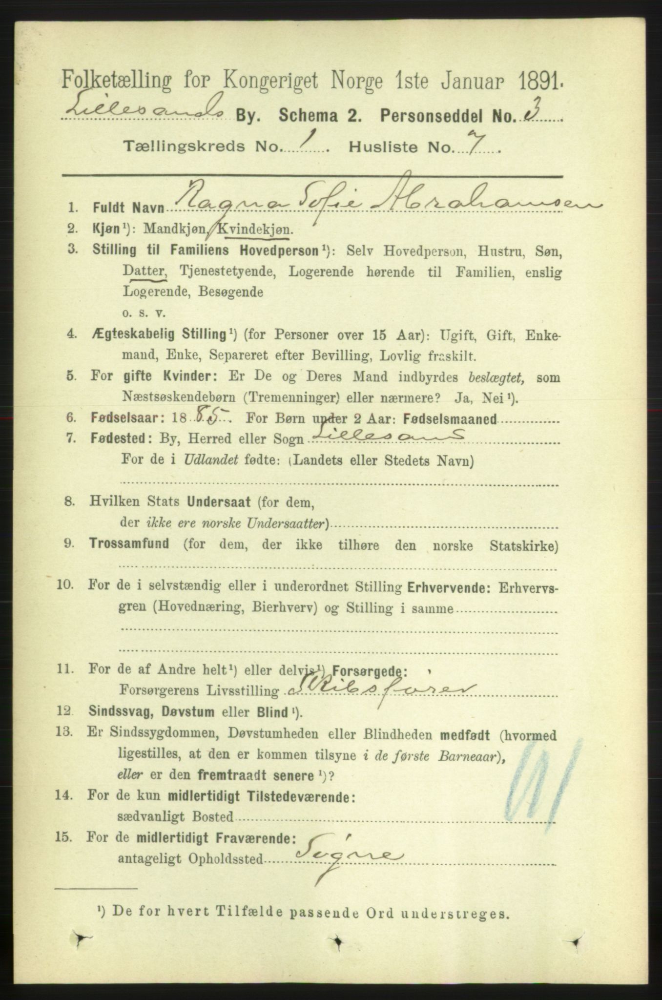 RA, 1891 census for 0905 Lillesand, 1891, p. 55