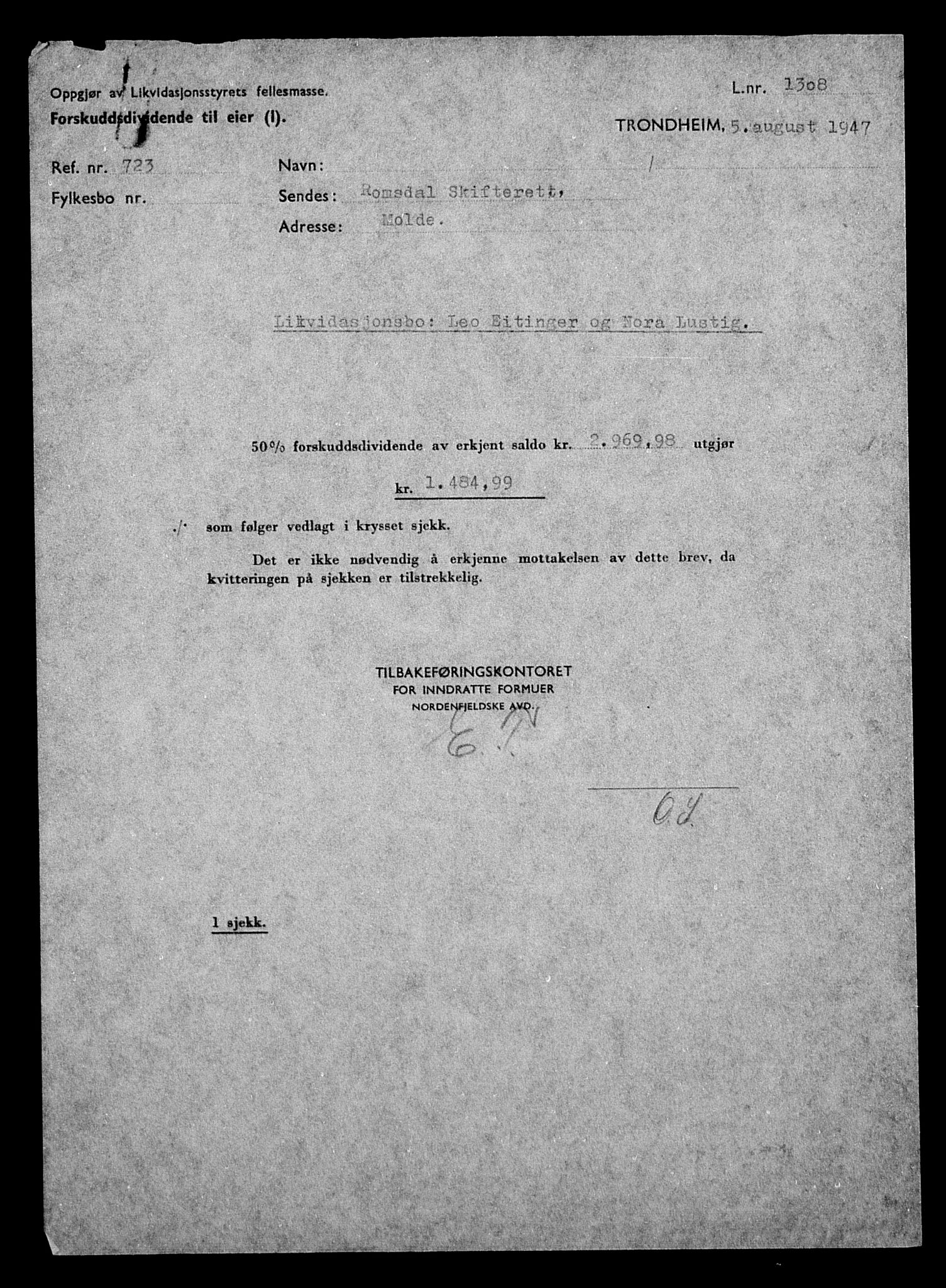 Justisdepartementet, Tilbakeføringskontoret for inndratte formuer, AV/RA-S-1564/H/Hc/Hcb/L0911: --, 1945-1947, p. 735