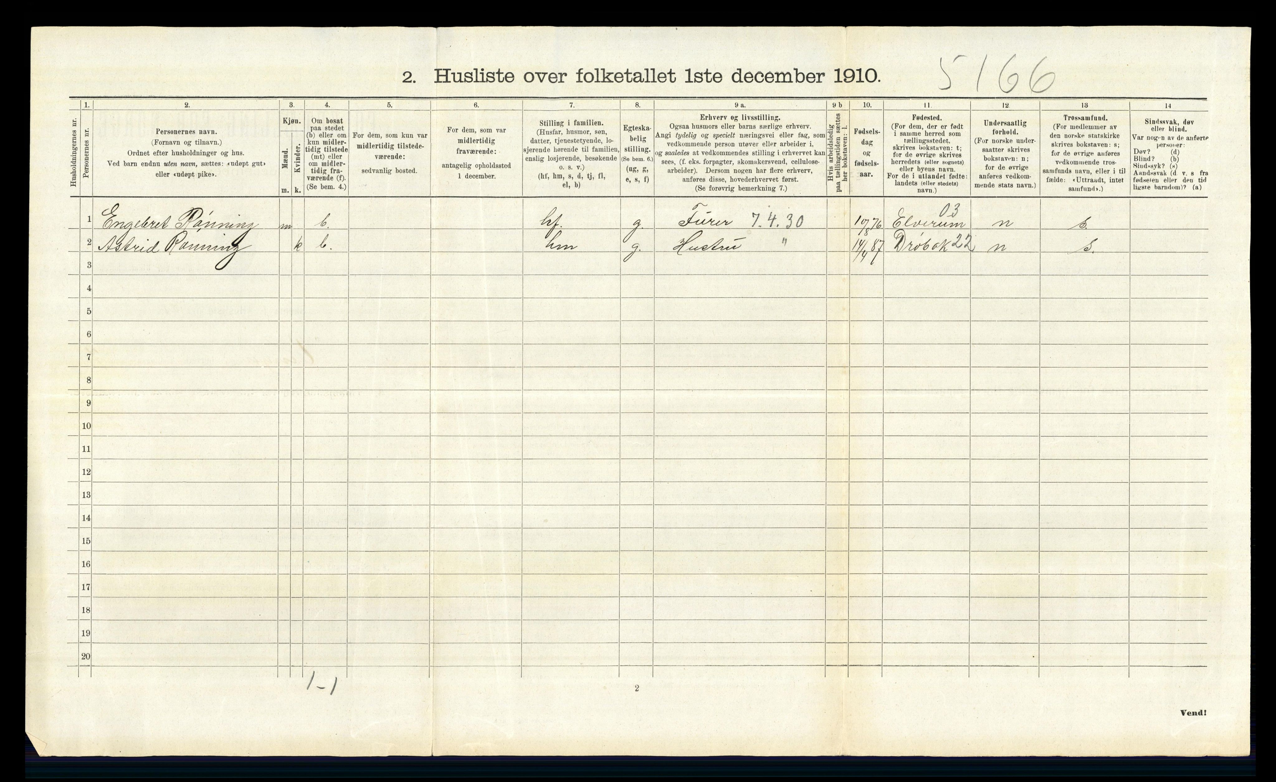 RA, 1910 census for Vinger, 1910, p. 938