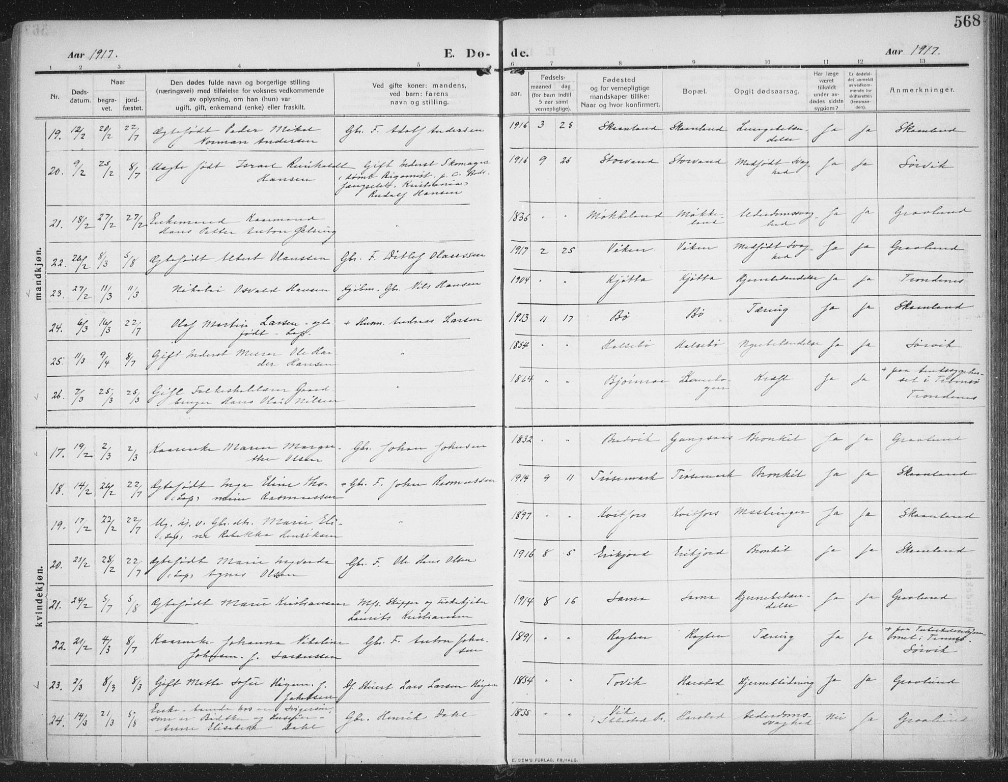 Trondenes sokneprestkontor, AV/SATØ-S-1319/H/Ha/L0018kirke: Parish register (official) no. 18, 1909-1918, p. 568