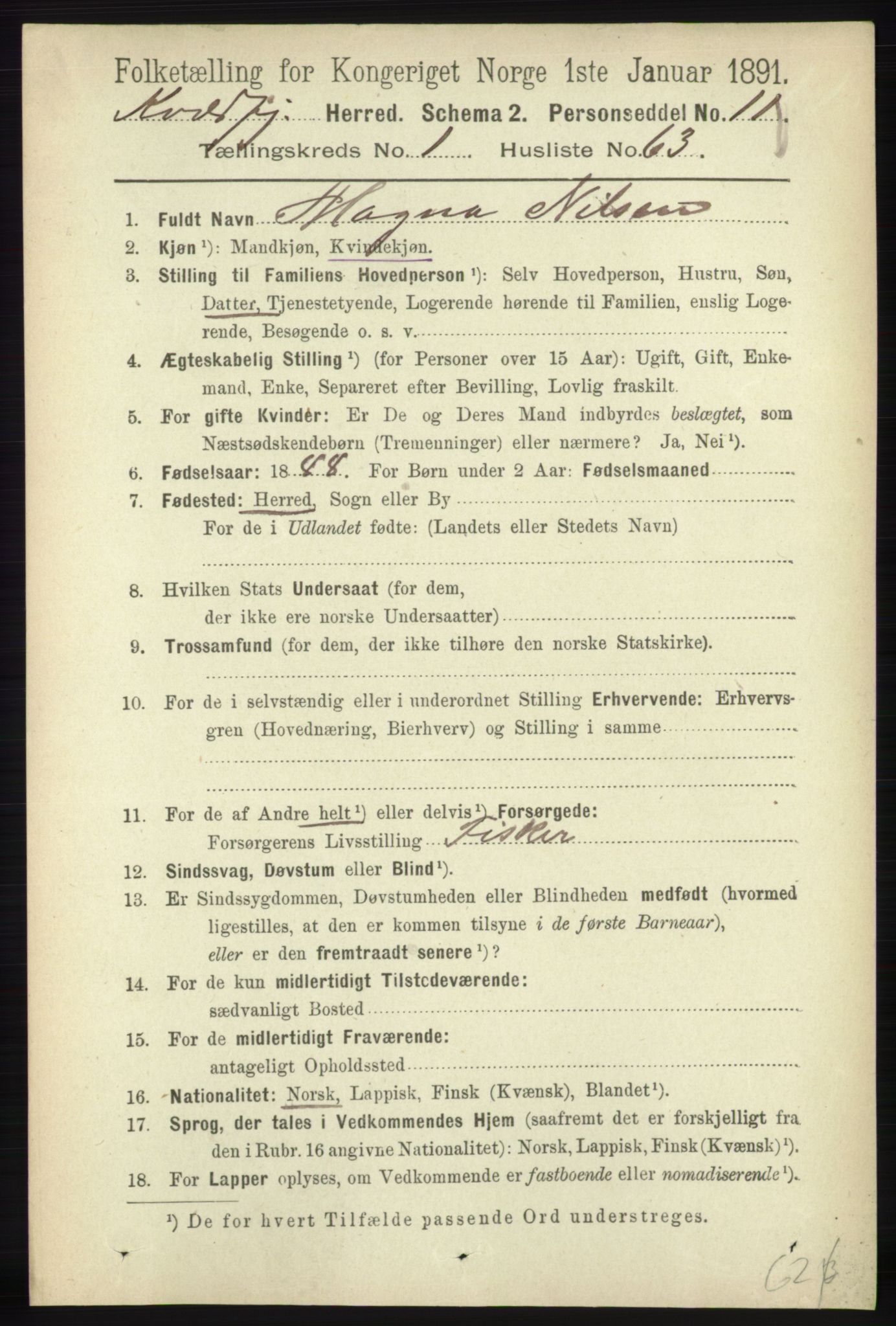 RA, 1891 census for 1911 Kvæfjord, 1891, p. 538