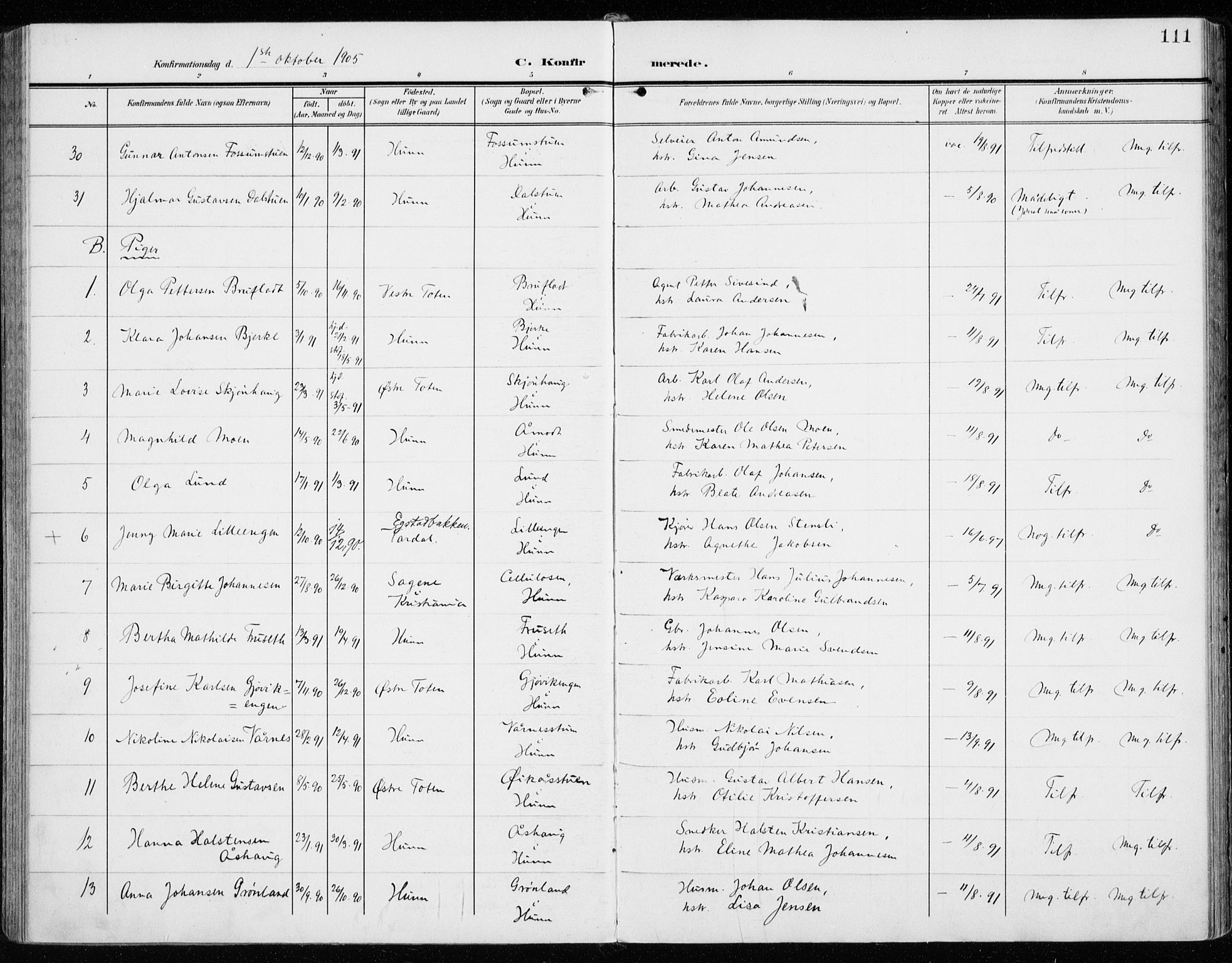 Vardal prestekontor, AV/SAH-PREST-100/H/Ha/Haa/L0016: Parish register (official) no. 16, 1904-1916, p. 111