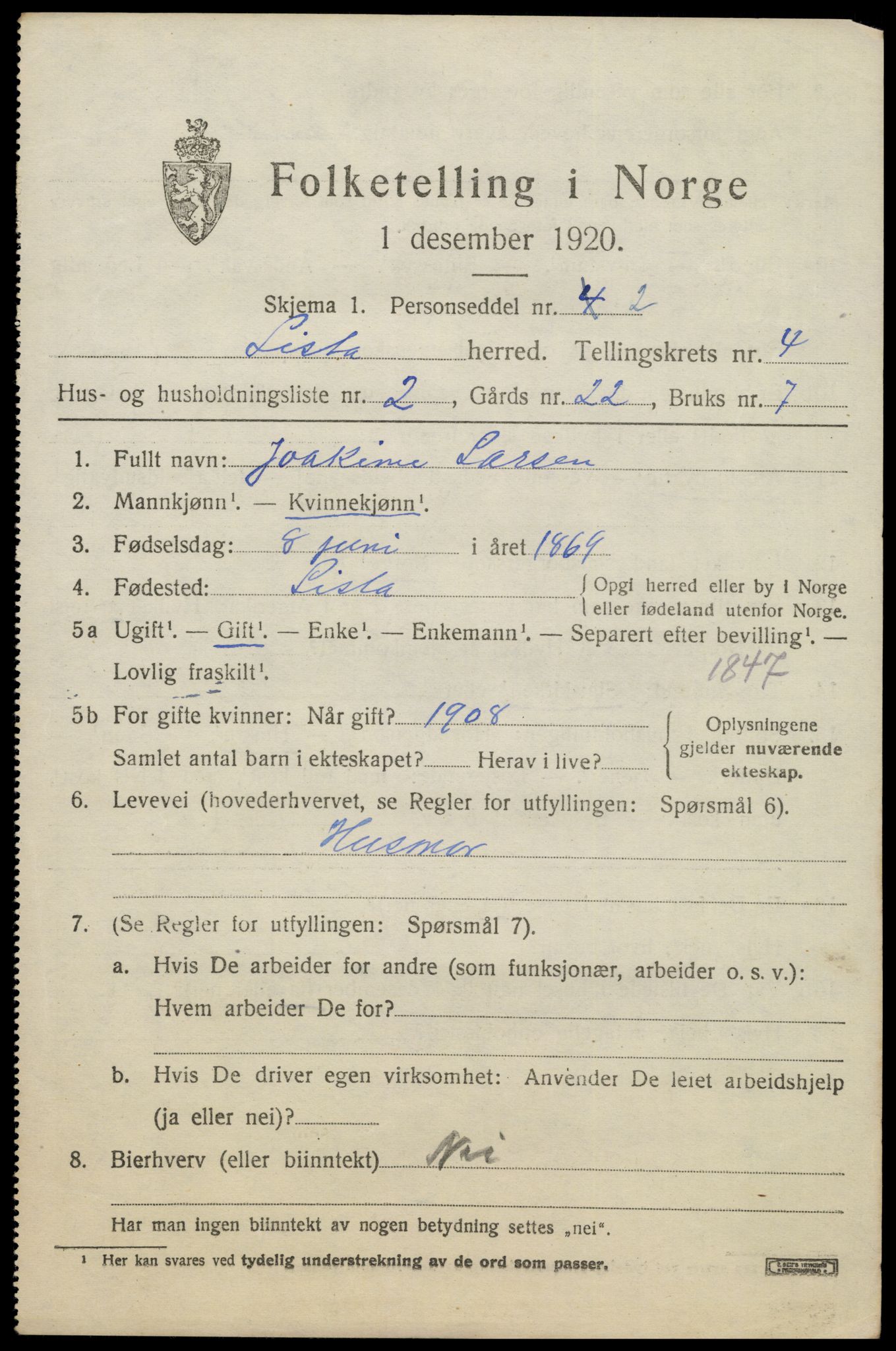 SAK, 1920 census for Lista, 1920, p. 4741