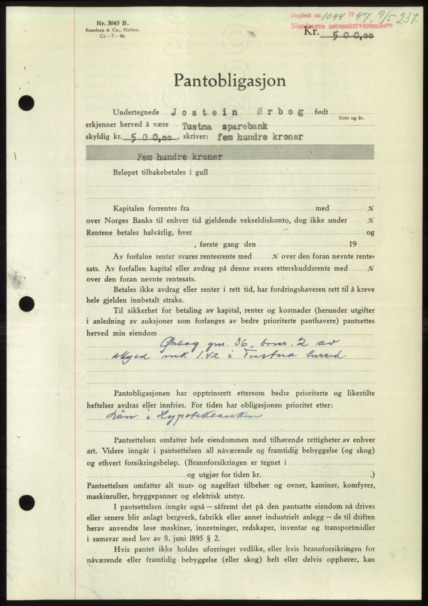 Nordmøre sorenskriveri, AV/SAT-A-4132/1/2/2Ca: Mortgage book no. B96, 1947-1947, Diary no: : 1044/1947