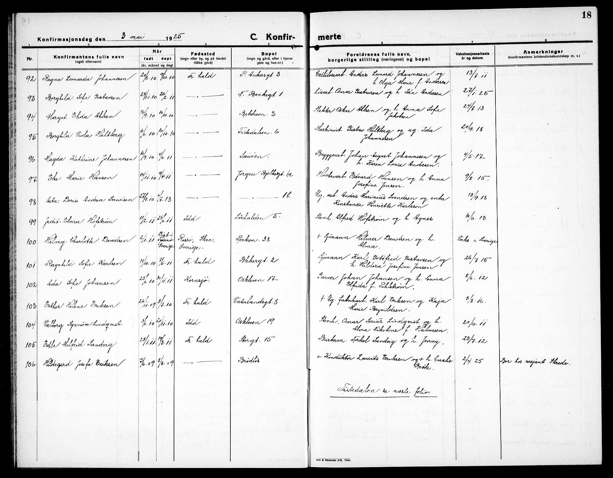 Halden prestekontor Kirkebøker, SAO/A-10909/G/Ga/L0013: Parish register (copy) no. 13, 1924-1939, p. 18