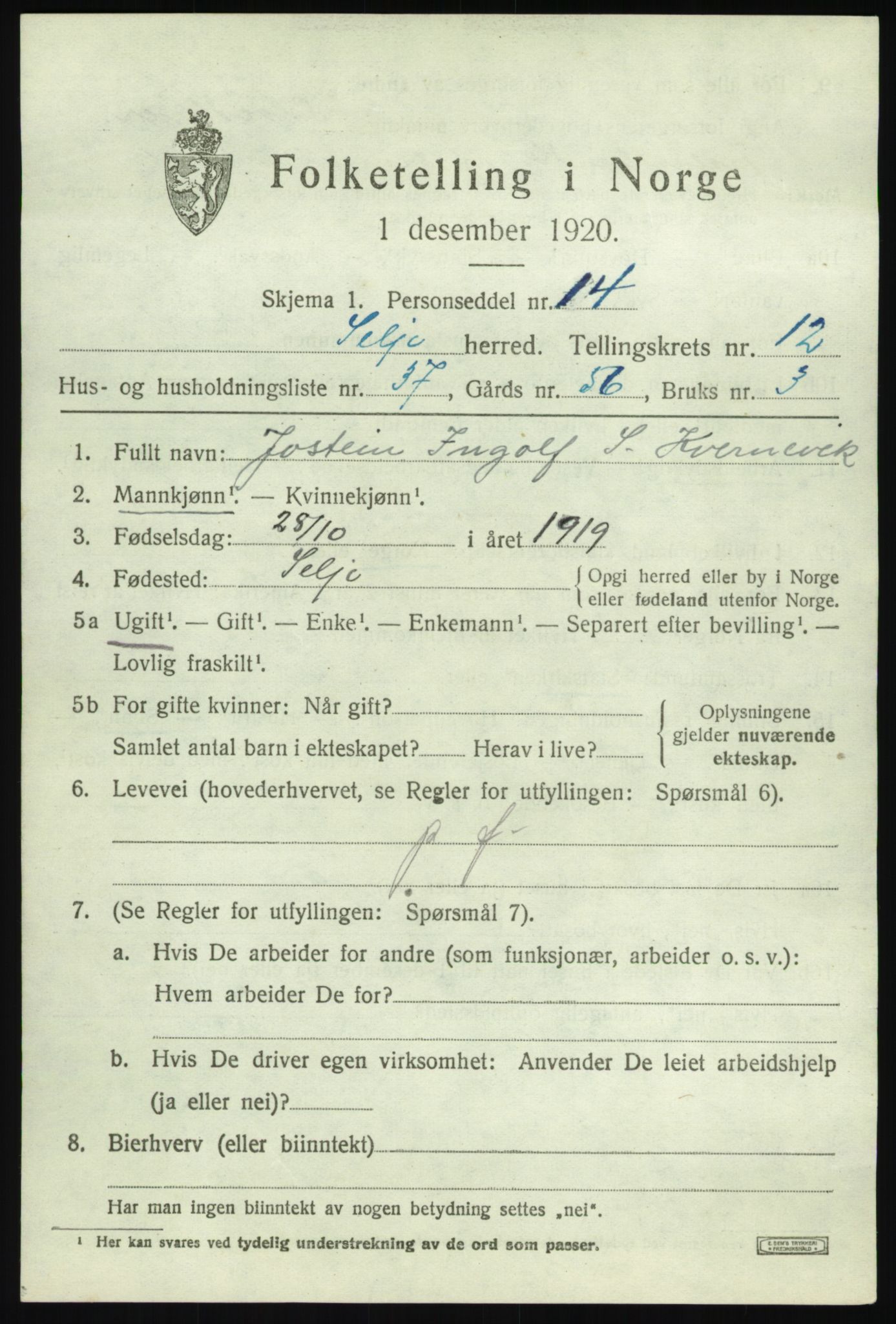 SAB, 1920 census for Selje, 1920, p. 5625