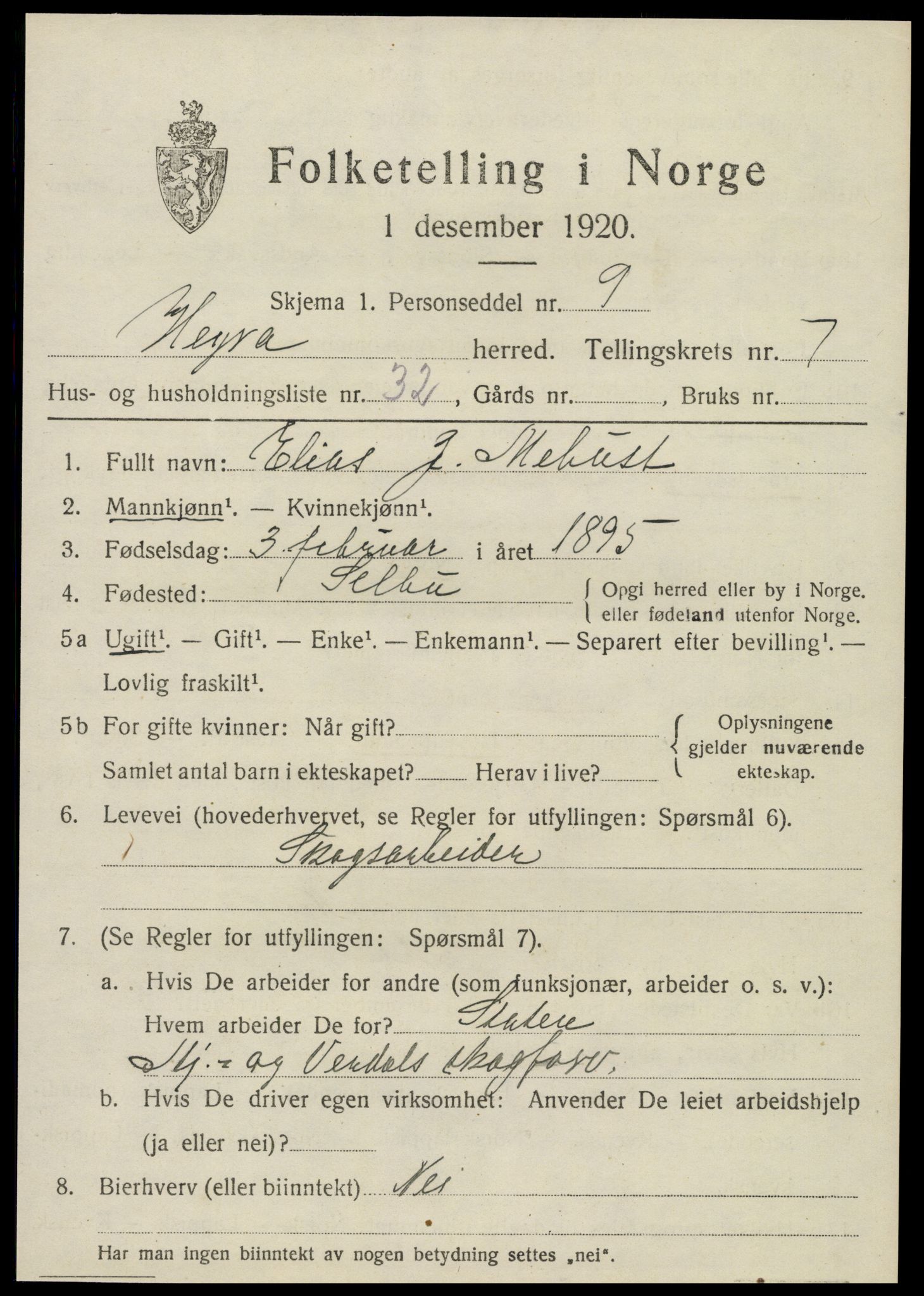 SAT, 1920 census for Hegra, 1920, p. 5580