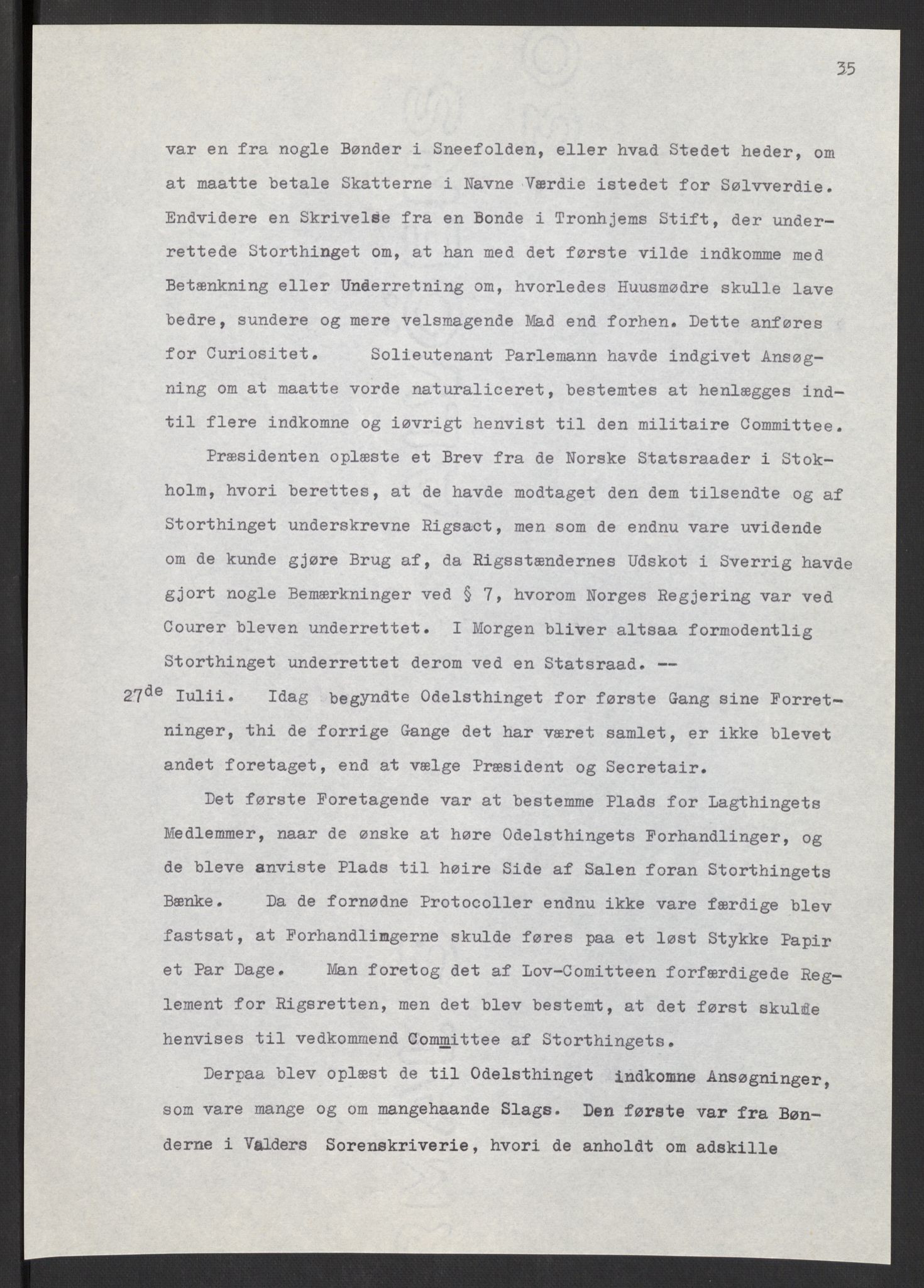 Manuskriptsamlingen, AV/RA-EA-3667/F/L0197: Wetlesen, Hans Jørgen (stortingsmann, ingeniørkaptein); Referat fra Stortinget 1815-1816, 1815-1816, p. 35