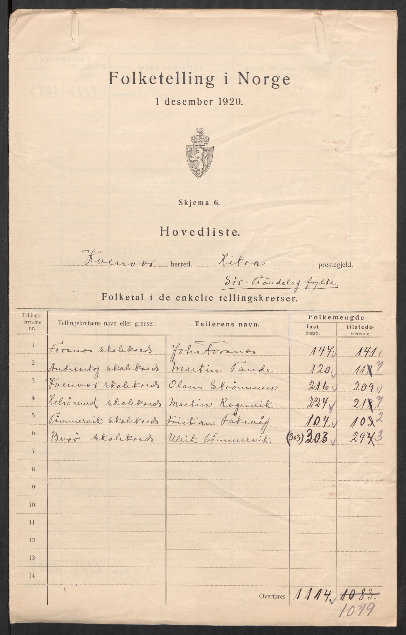 SAT, 1920 census for Kvenvær, 1920, p. 3