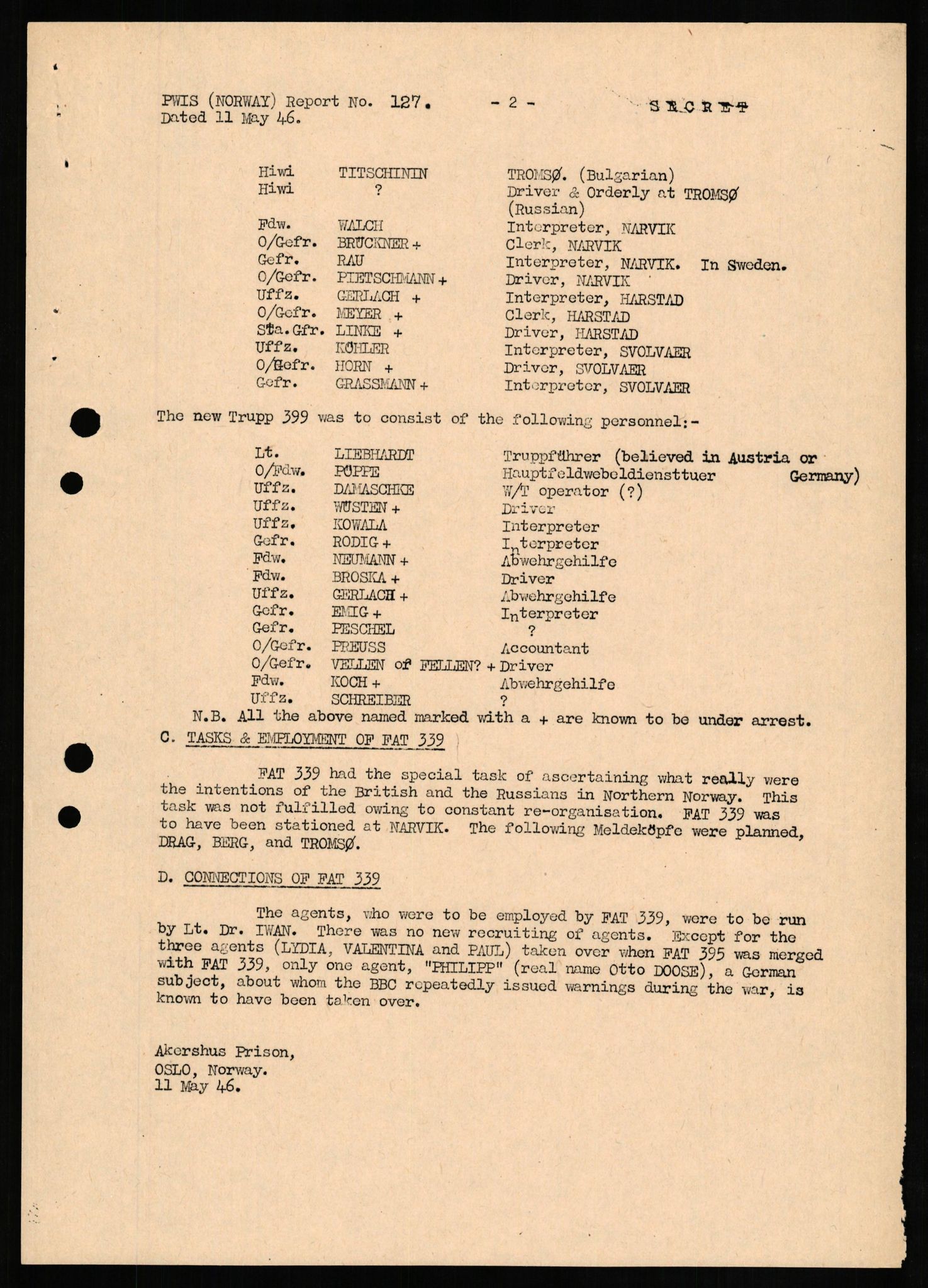 Forsvaret, Forsvarets overkommando II, RA/RAFA-3915/D/Db/L0020: CI Questionaires. Tyske okkupasjonsstyrker i Norge. Tyskere., 1945-1946, p. 312