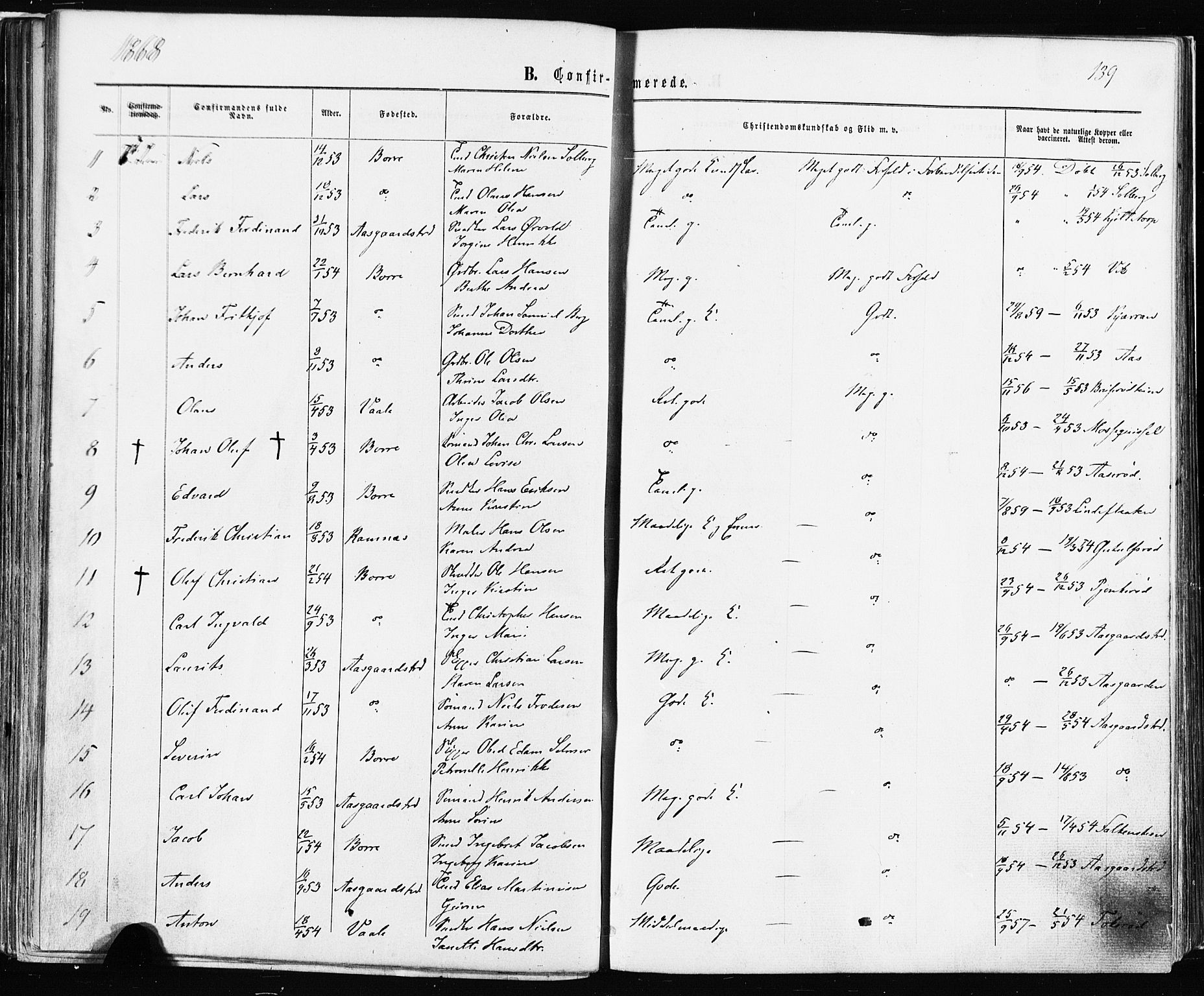 Borre kirkebøker, SAKO/A-338/F/Fa/L0008: Parish register (official) no. I 8, 1868-1877, p. 139