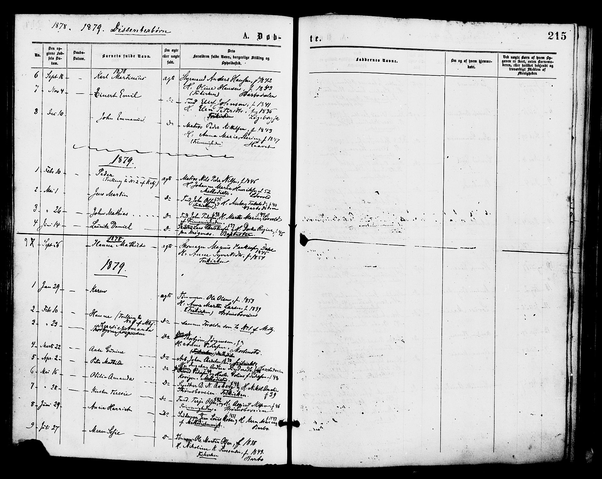 Barbu sokneprestkontor, SAK/1111-0003/F/Fa/L0001: Parish register (official) no. A 1 /1, 1878-1883, p. 215