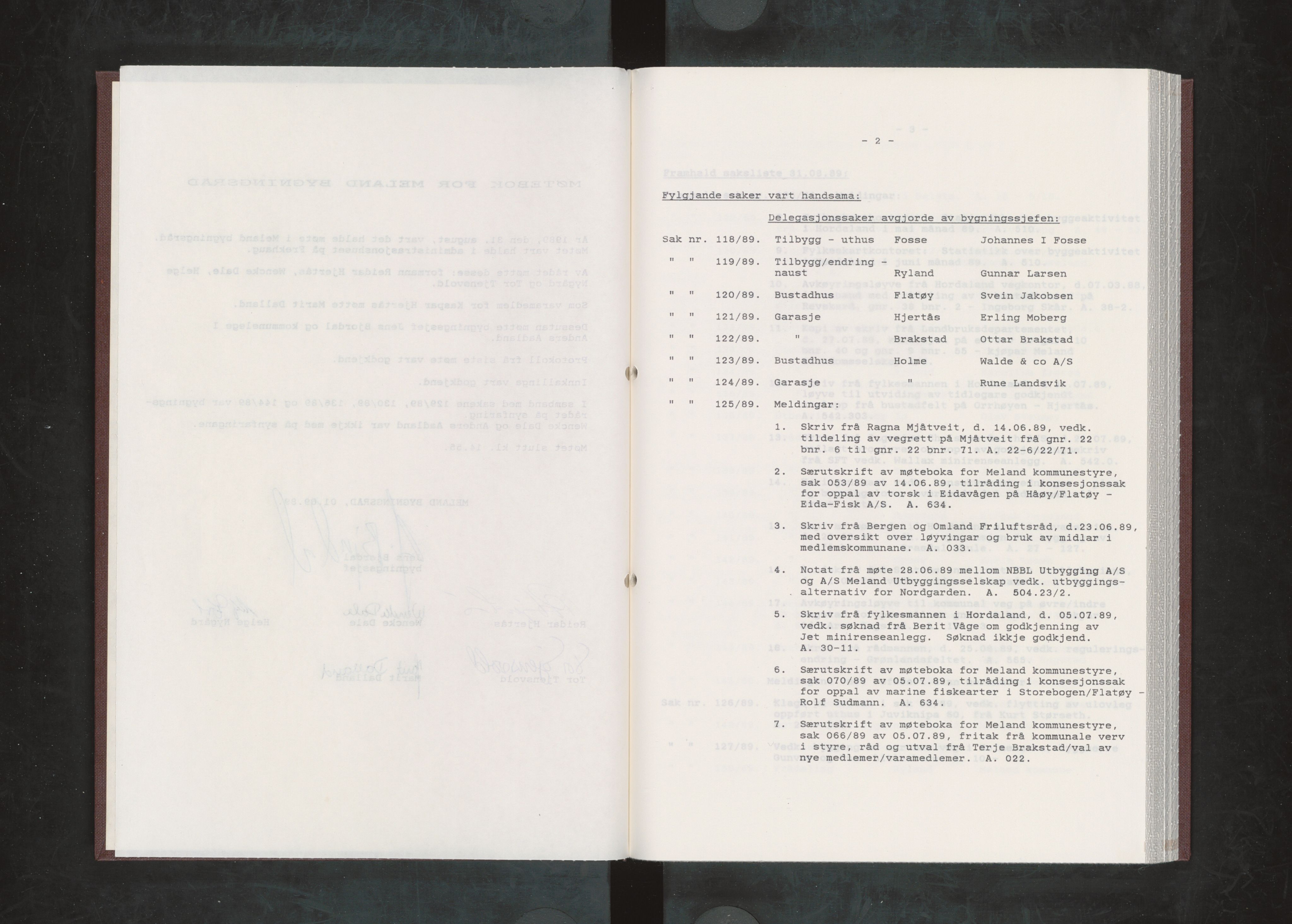 Meland kommune. Bygningsrådet , IKAH/1256-511/A/Aa/L0013: Møtebok for Meland kommune bygningsråd, 1989