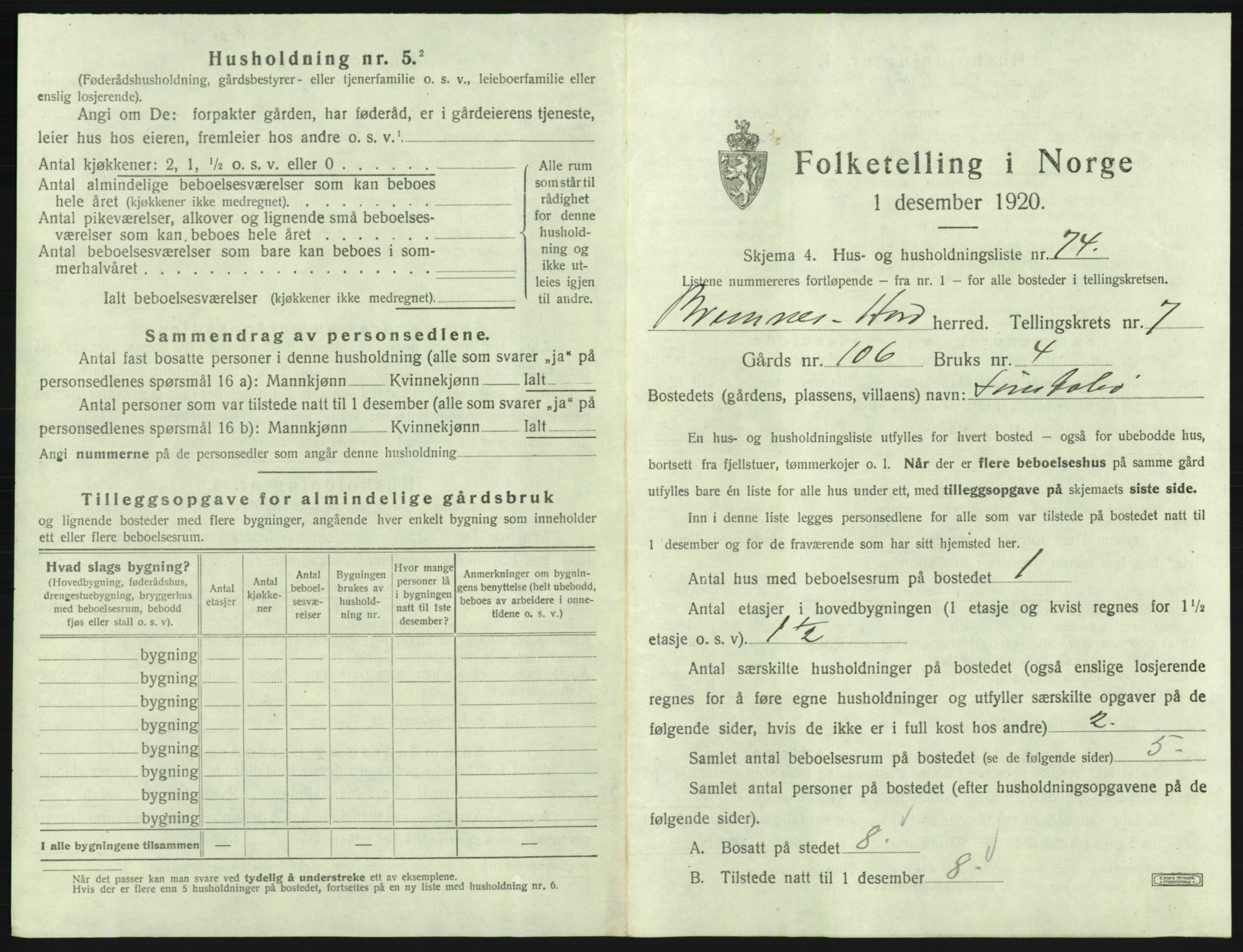 SAB, 1920 census for Bremnes, 1920, p. 627