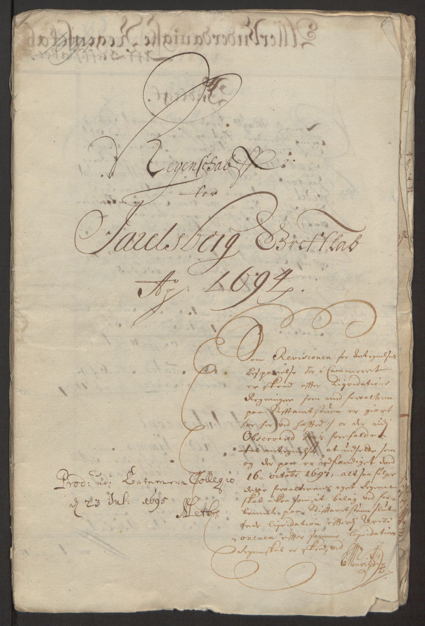 Rentekammeret inntil 1814, Reviderte regnskaper, Fogderegnskap, RA/EA-4092/R32/L1867: Fogderegnskap Jarlsberg grevskap, 1694-1696, p. 3