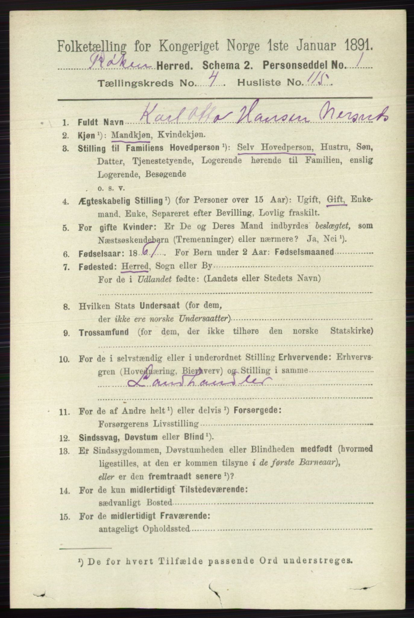 RA, 1891 census for 0627 Røyken, 1891, p. 2745