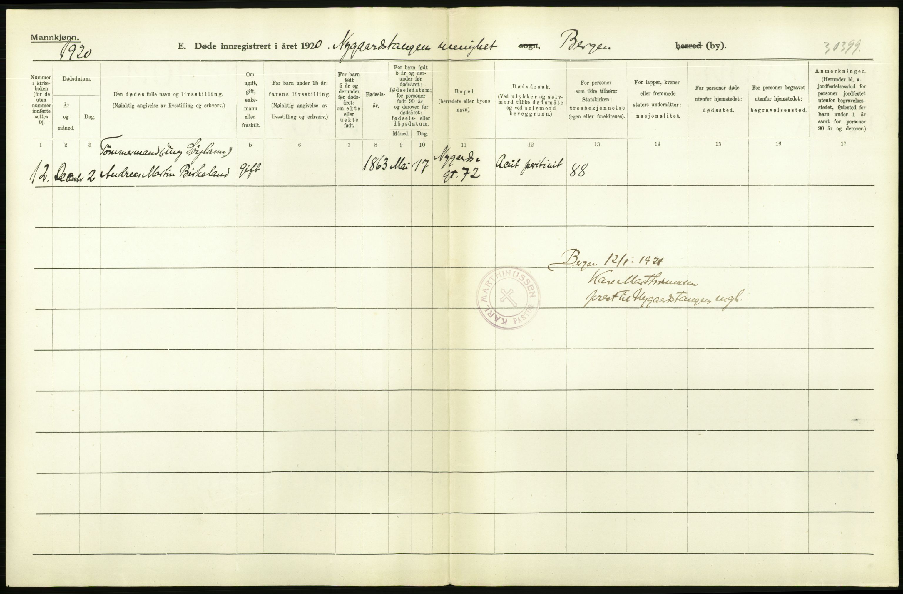 Statistisk sentralbyrå, Sosiodemografiske emner, Befolkning, AV/RA-S-2228/D/Df/Dfb/Dfbj/L0042: Bergen: Gifte, døde, dødfødte., 1920, p. 294