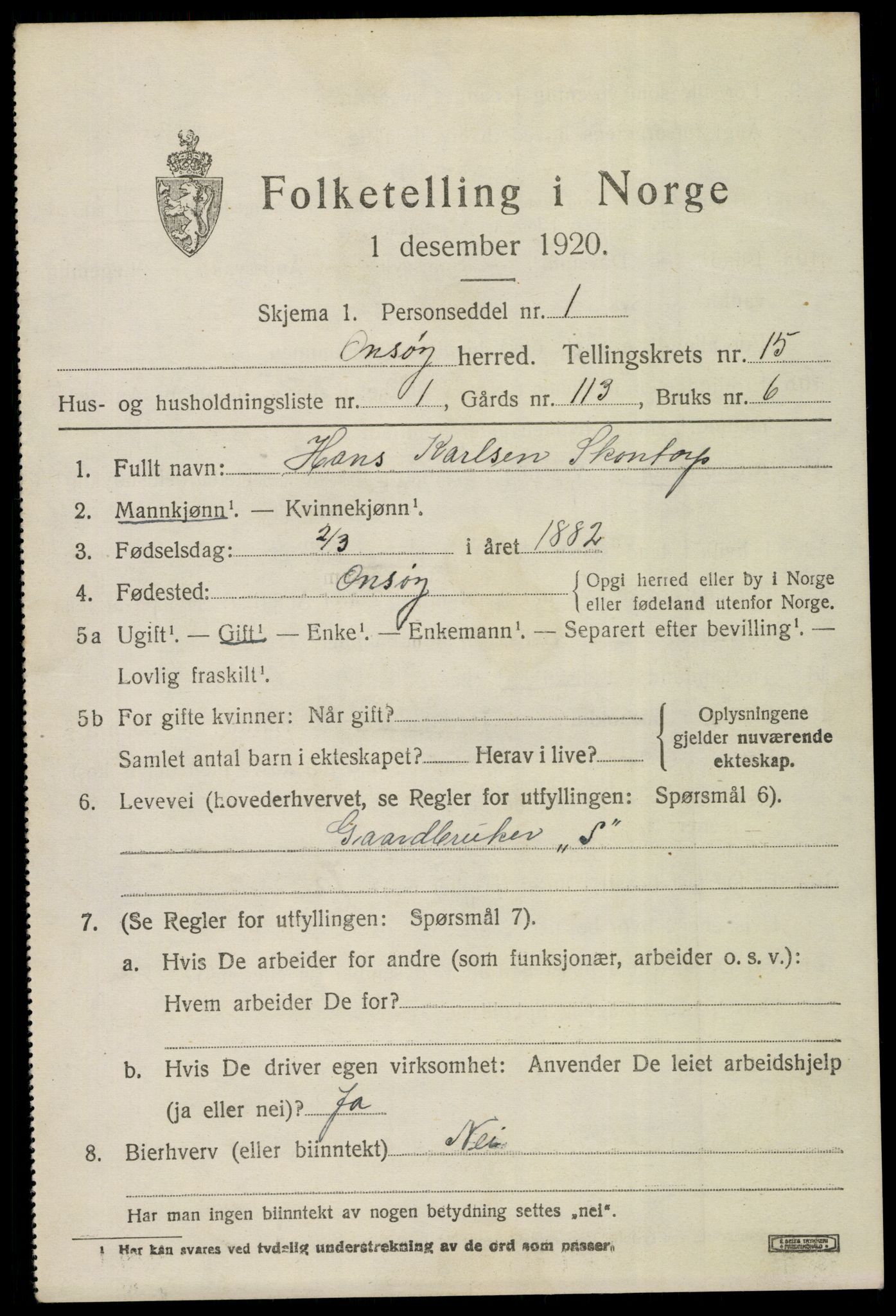 SAO, 1920 census for Onsøy, 1920, p. 17464