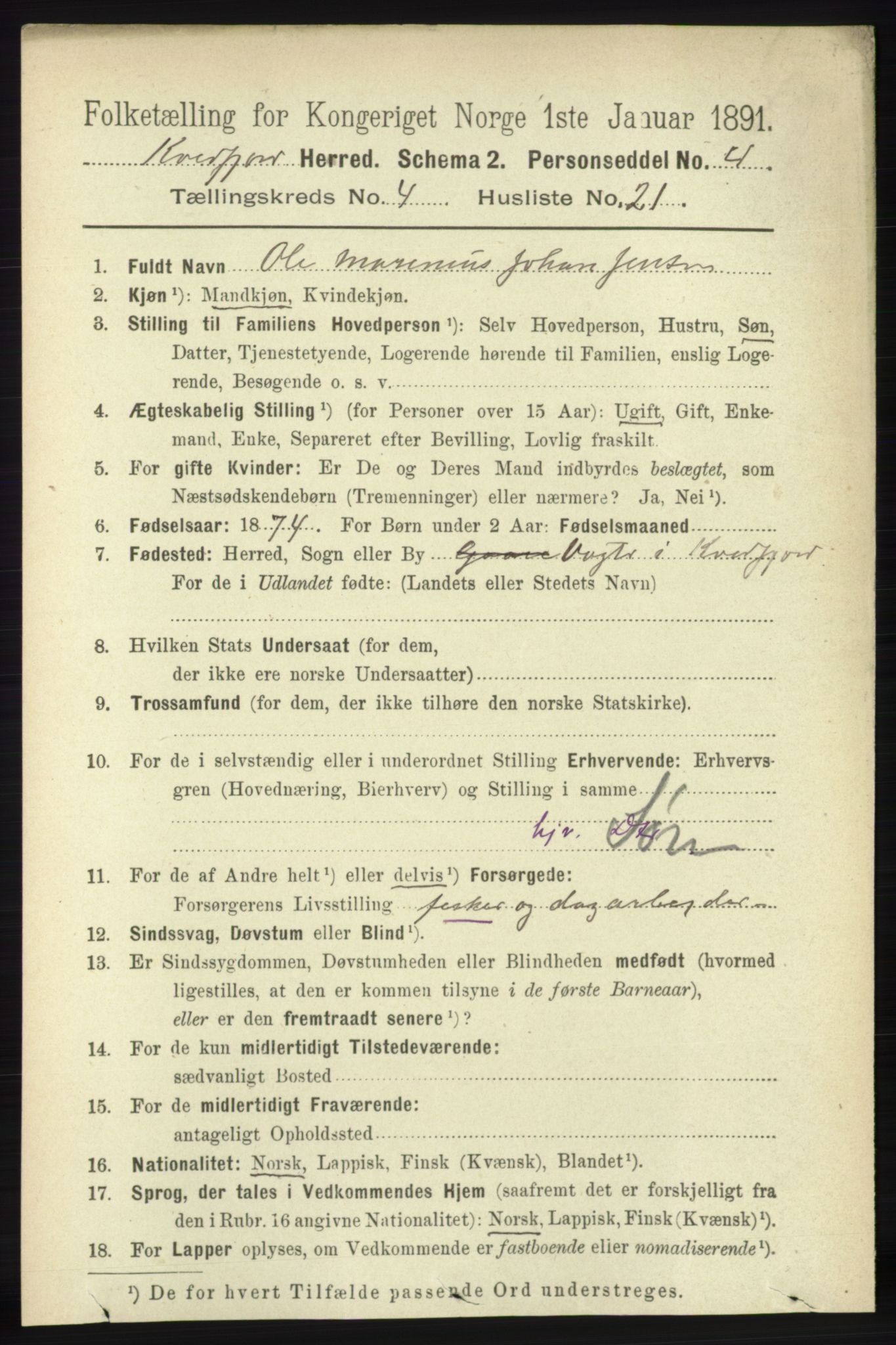 RA, 1891 census for 1911 Kvæfjord, 1891, p. 2014