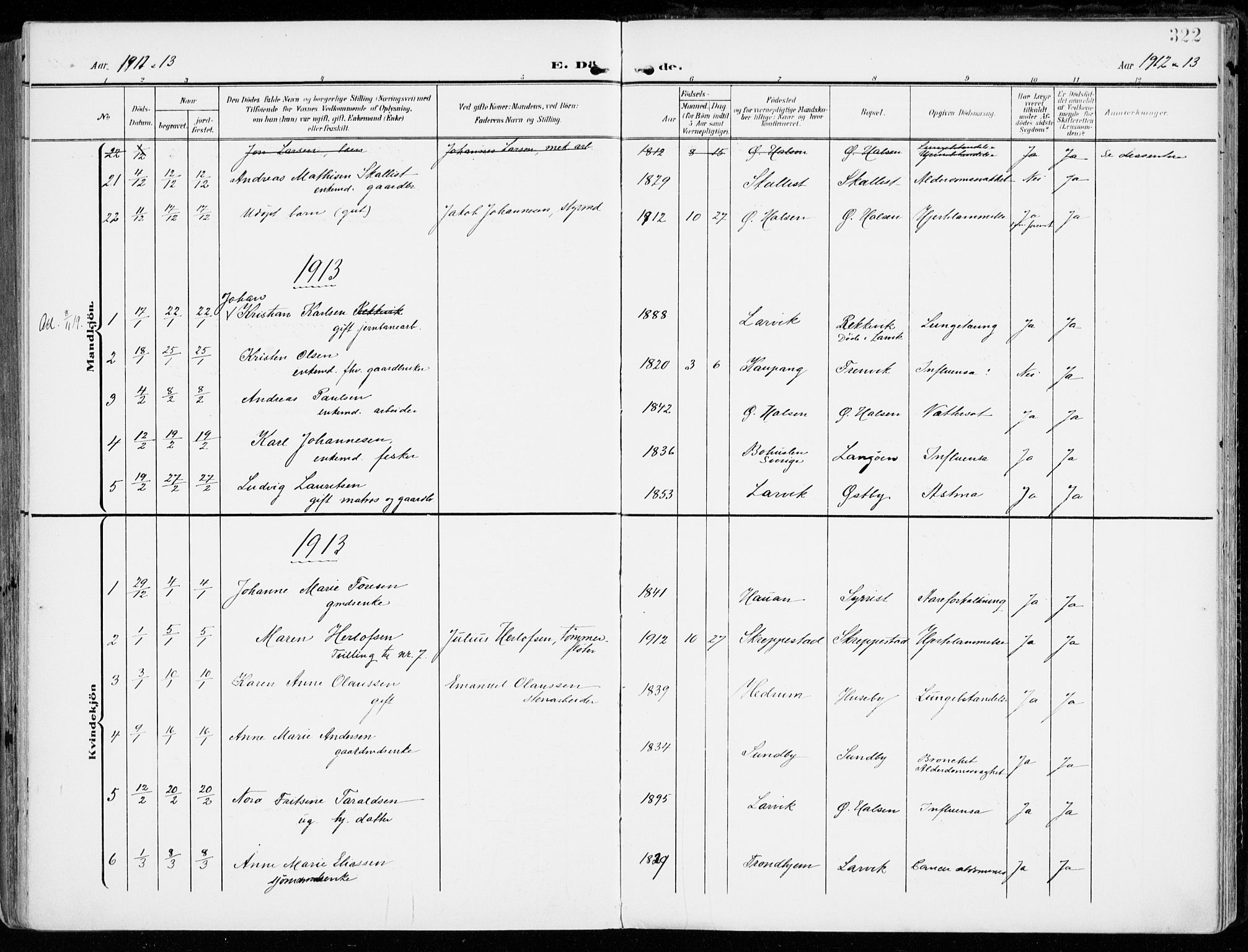 Tjølling kirkebøker, AV/SAKO-A-60/F/Fa/L0010: Parish register (official) no. 10, 1906-1923, p. 322