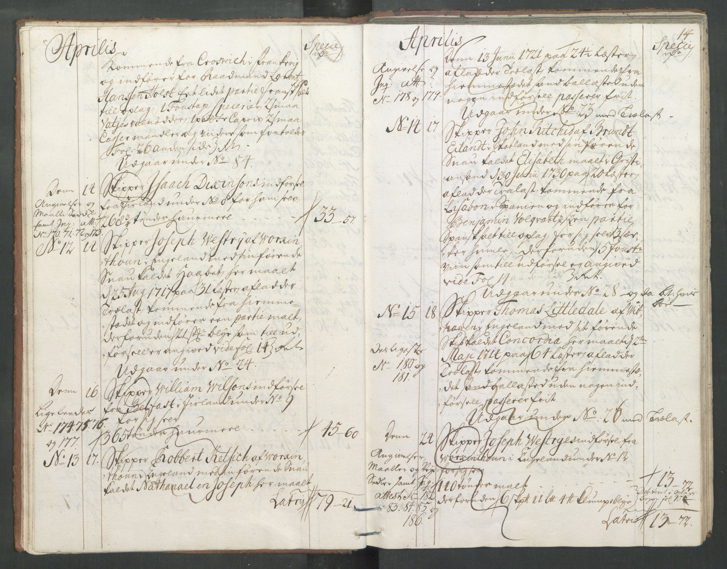 Generaltollkammeret, tollregnskaper, RA/EA-5490/R33/L0013/0001: Tollregnskaper Trondheim A / Inngående tollbok, 1731, p. 13b-14a