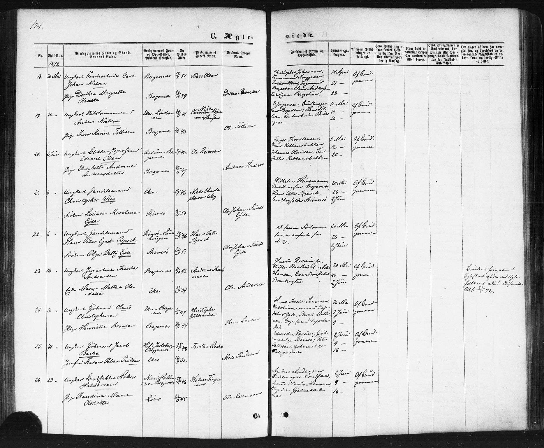 Bragernes kirkebøker, SAKO/A-6/F/Fc/L0003: Parish register (official) no. III 3, 1865-1874, p. 124