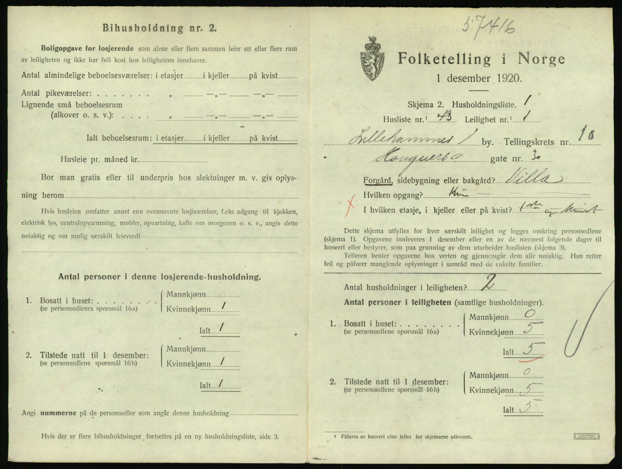 SAH, 1920 census for Lillehammer, 1920, p. 3728