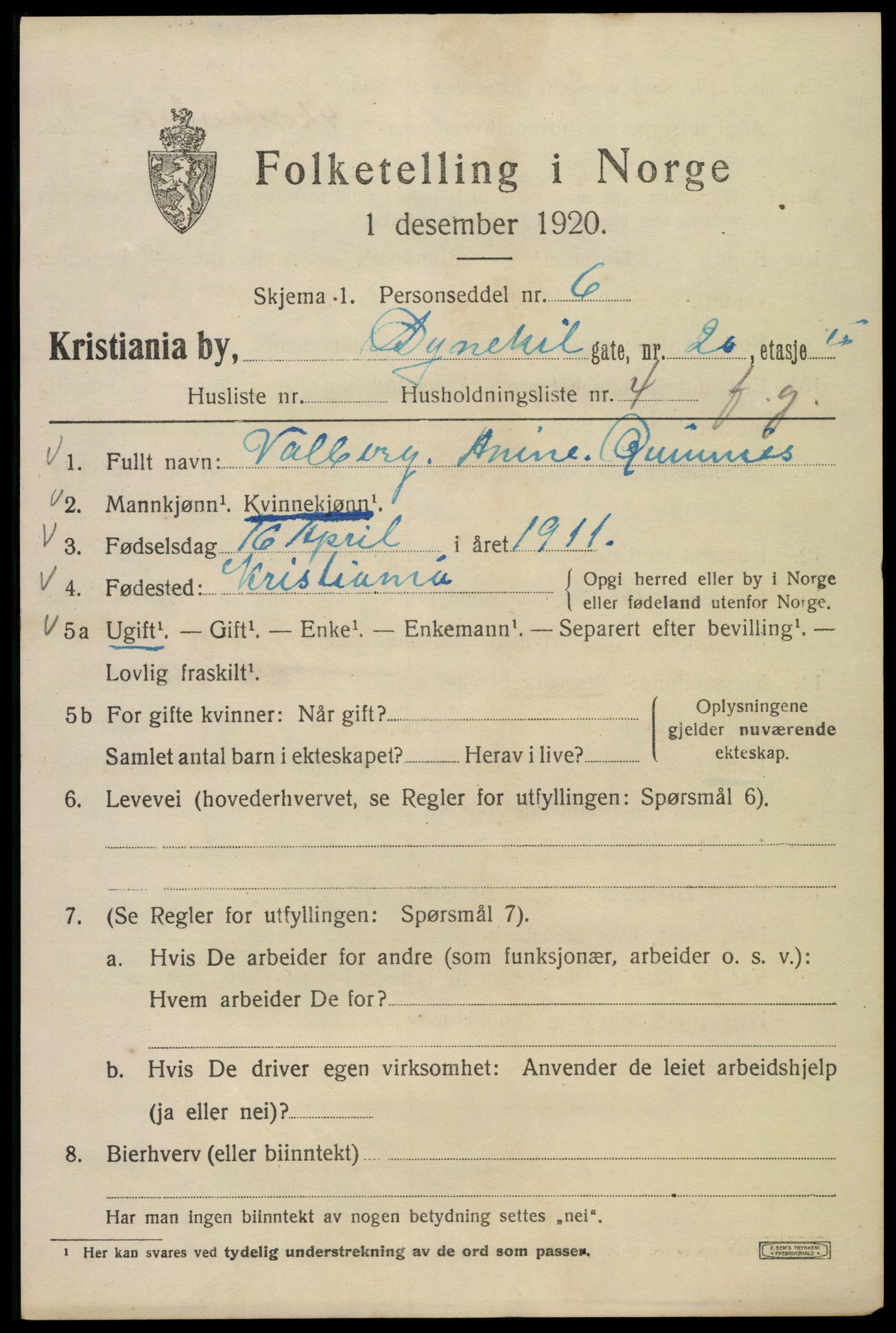 SAO, 1920 census for Kristiania, 1920, p. 205351