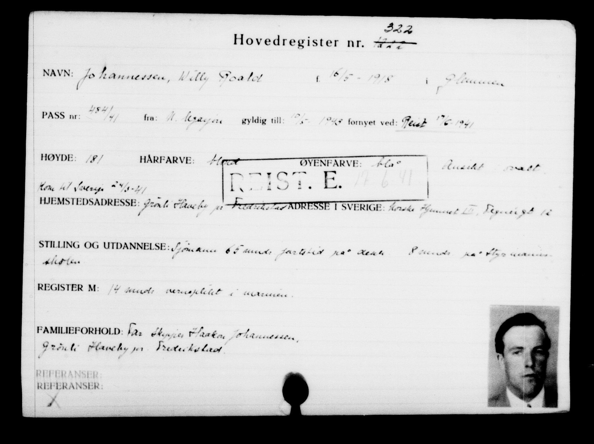 Utenriksstasjonene, Legasjonen i Stockholm, Flyktningkontoret, AV/RA-S-6753/V/Va/L0001: Kjesäterkartoteket, flyktninger med registreringsnr. 1-1000, 1940-1945, p. 514
