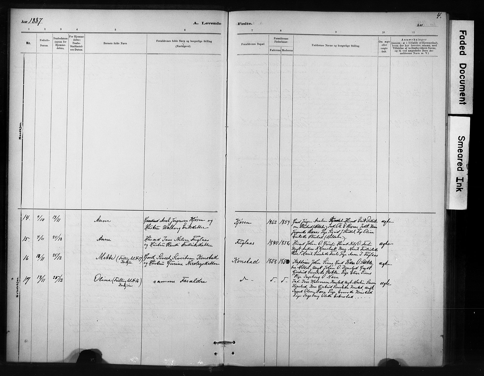 Ministerialprotokoller, klokkerbøker og fødselsregistre - Sør-Trøndelag, AV/SAT-A-1456/694/L1127: Parish register (official) no. 694A01, 1887-1905, p. 4