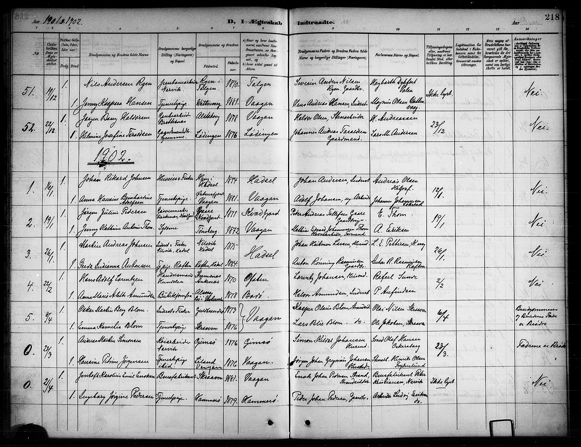 Ministerialprotokoller, klokkerbøker og fødselsregistre - Nordland, SAT/A-1459/874/L1078: Parish register (copy) no. 874C07, 1900-1907, p. 218
