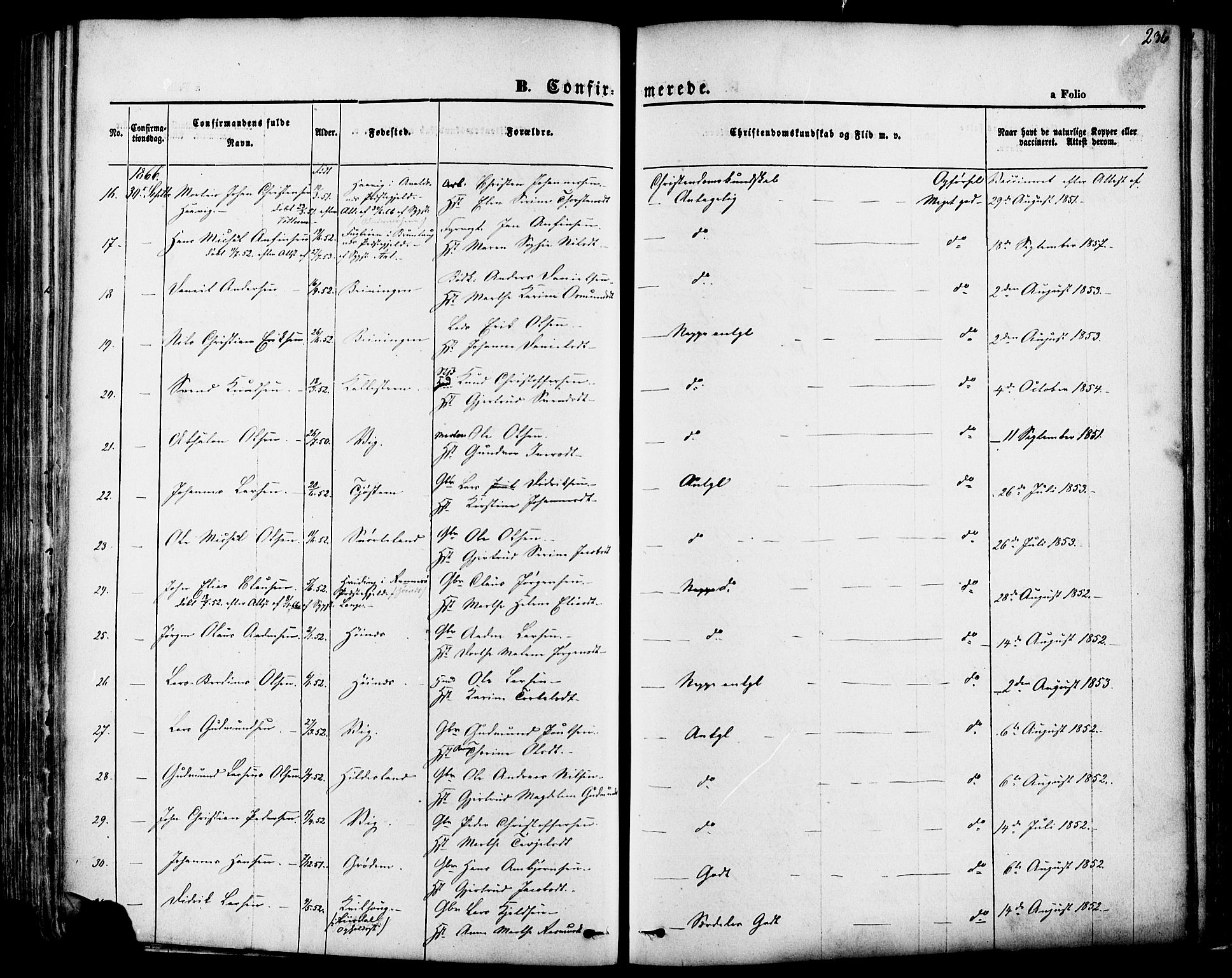 Skudenes sokneprestkontor, SAST/A -101849/H/Ha/Haa/L0006: Parish register (official) no. A 4, 1864-1881, p. 236
