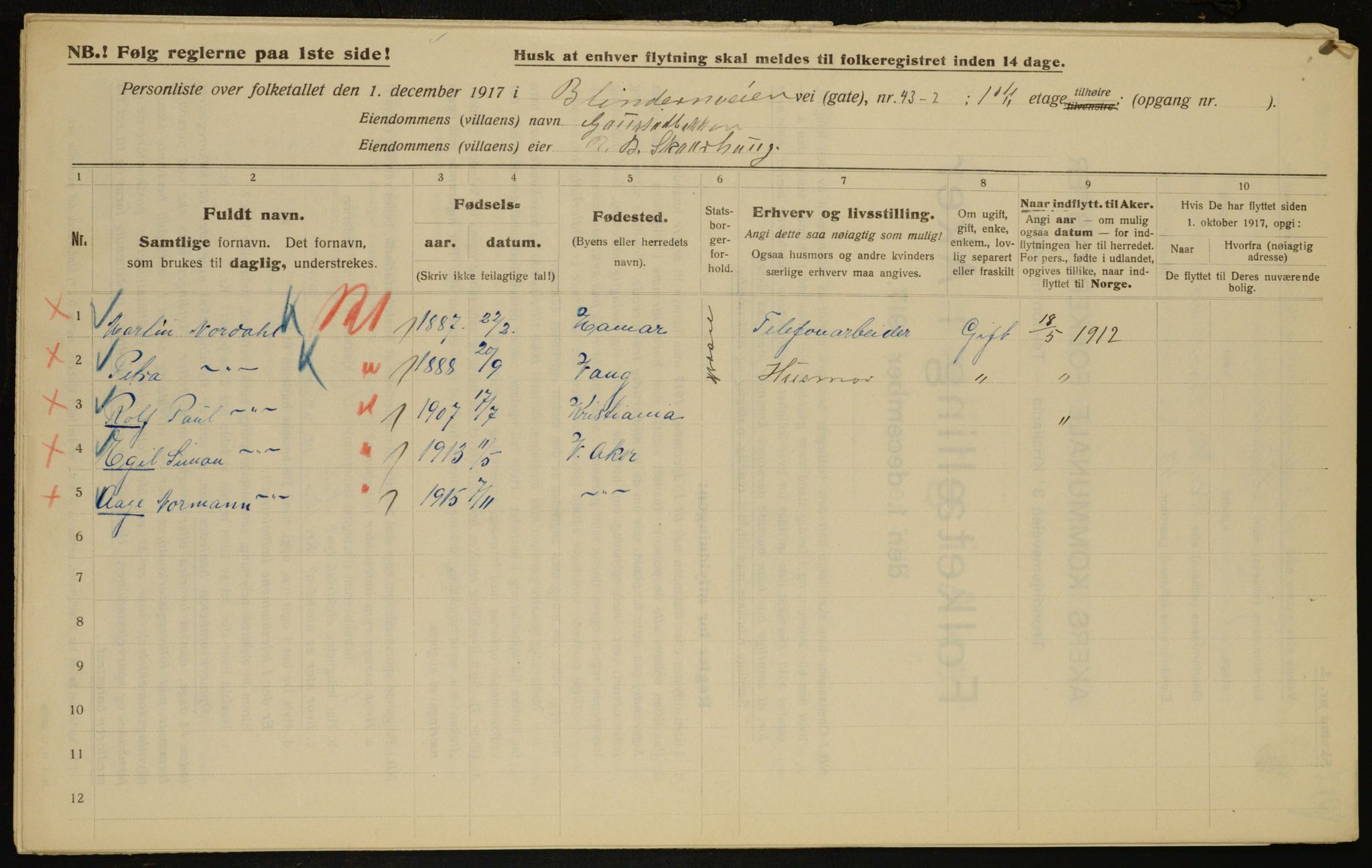 OBA, Municipal Census 1917 for Aker, 1917, p. 10403