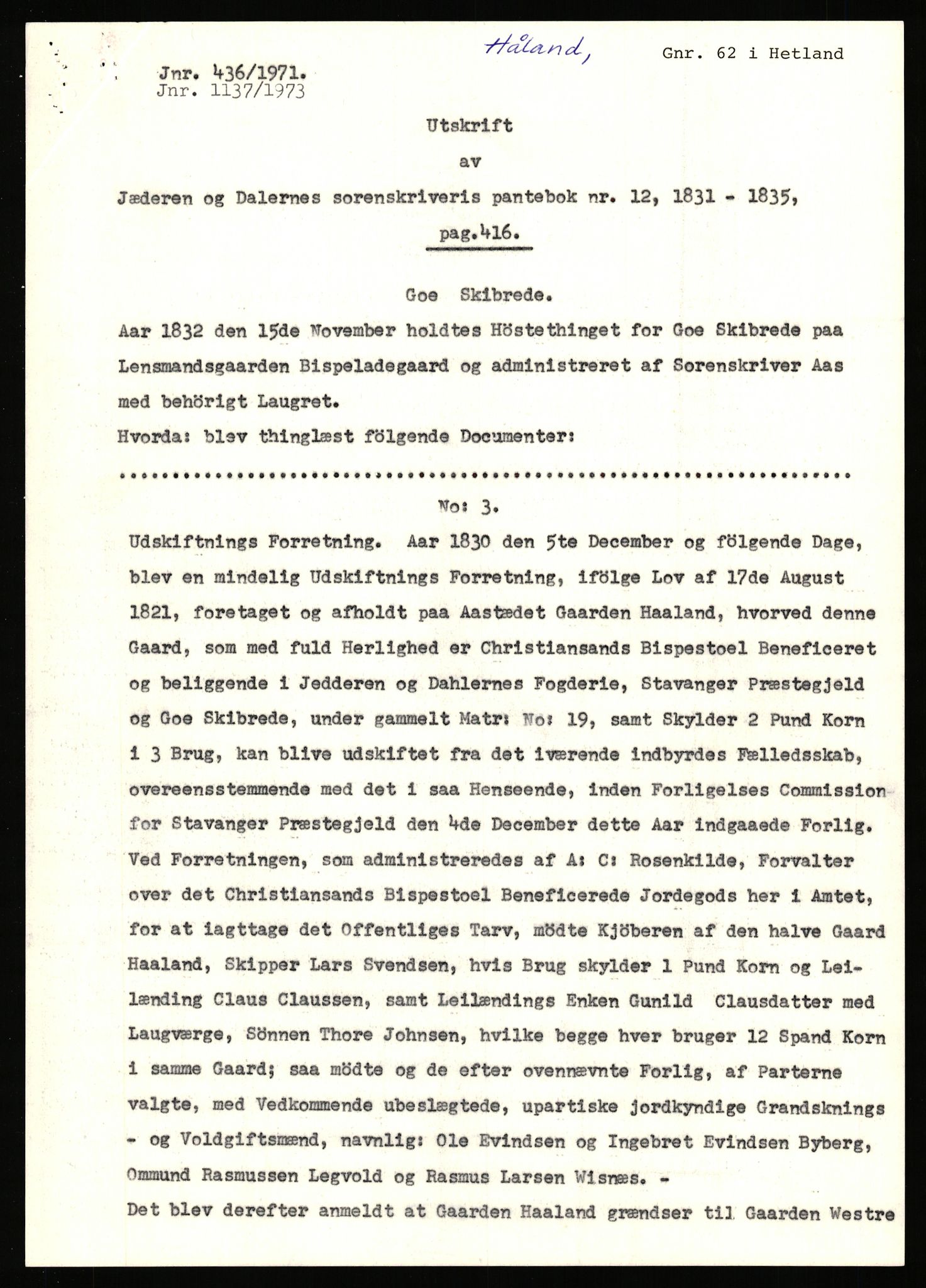 Statsarkivet i Stavanger, SAST/A-101971/03/Y/Yj/L0042: Avskrifter sortert etter gårdsnavn: Høle - Håland vestre, 1750-1930, p. 482