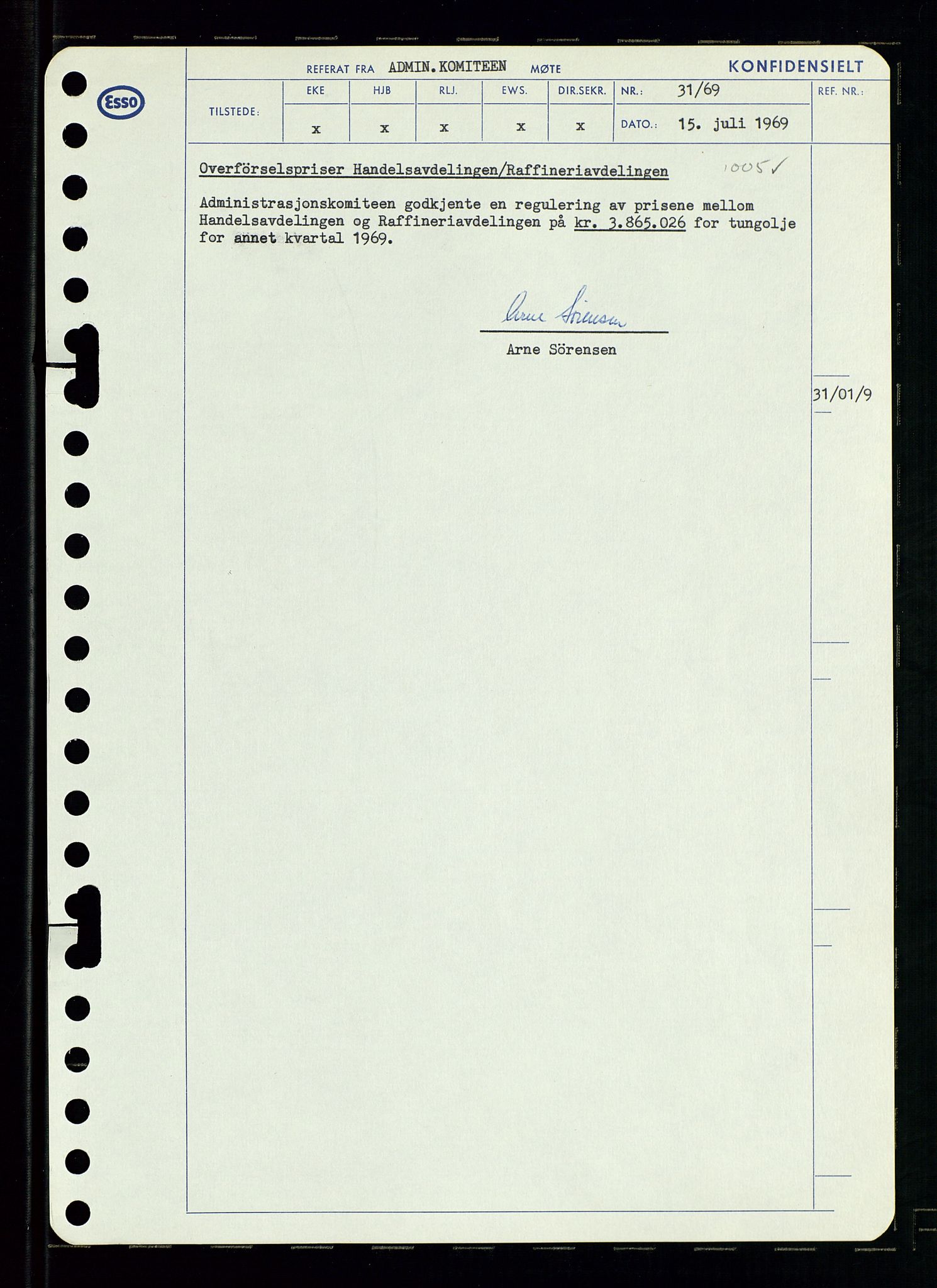 Pa 0982 - Esso Norge A/S, AV/SAST-A-100448/A/Aa/L0003/0001: Den administrerende direksjon Board minutes (styrereferater) og Bedriftforsamlingsprotokoll / Den administrerende direksjon Board minutes (styrereferater), 1969, p. 95