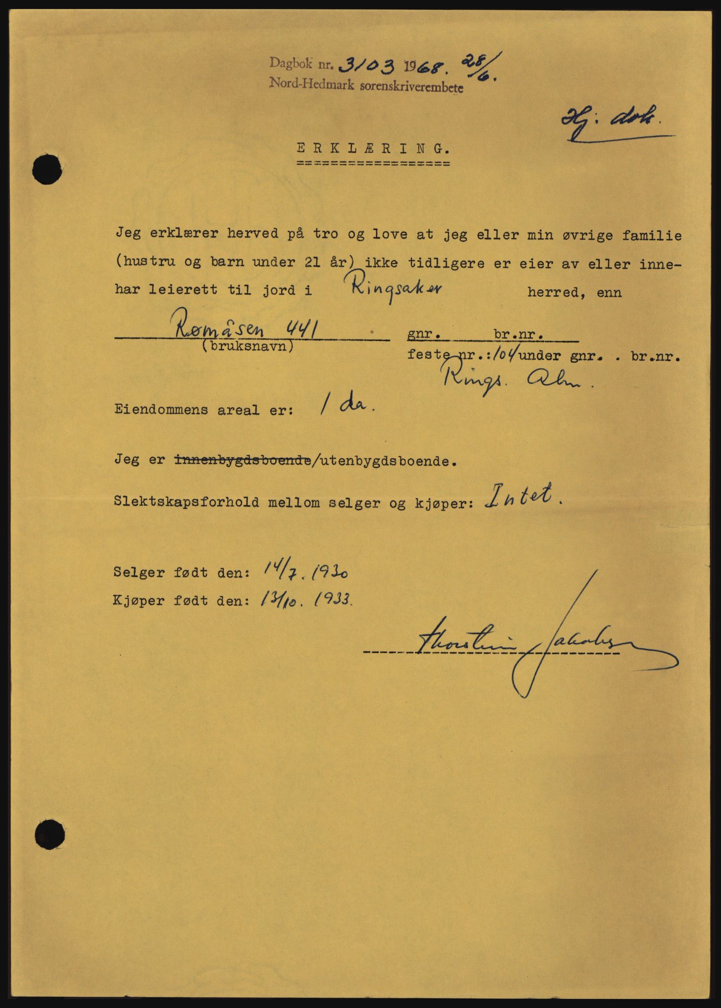 Nord-Hedmark sorenskriveri, SAH/TING-012/H/Hc/L0028: Mortgage book no. 28, 1968-1968, Diary no: : 3103/1968