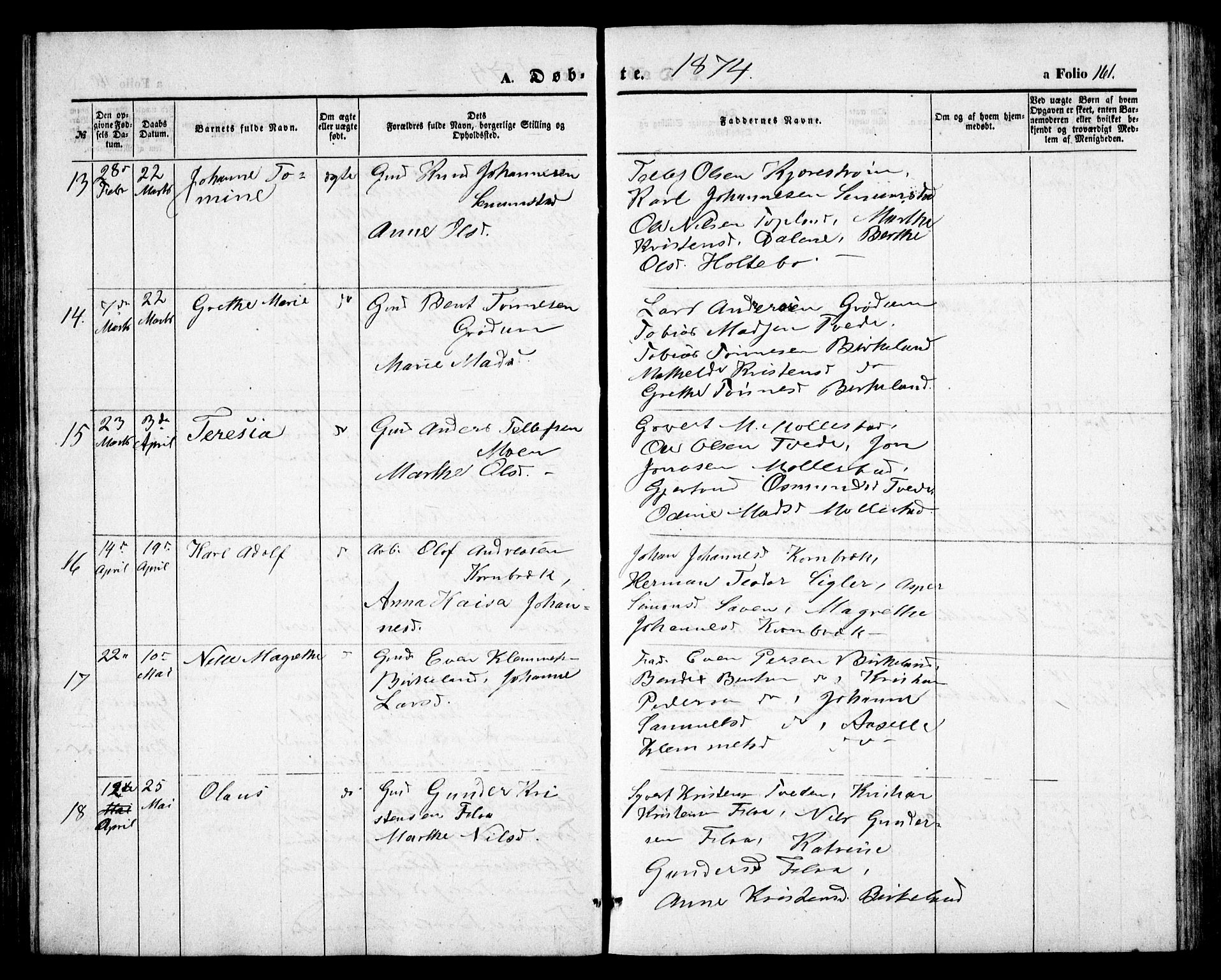 Birkenes sokneprestkontor, AV/SAK-1111-0004/F/Fb/L0002: Parish register (copy) no. B 2, 1849-1876, p. 161