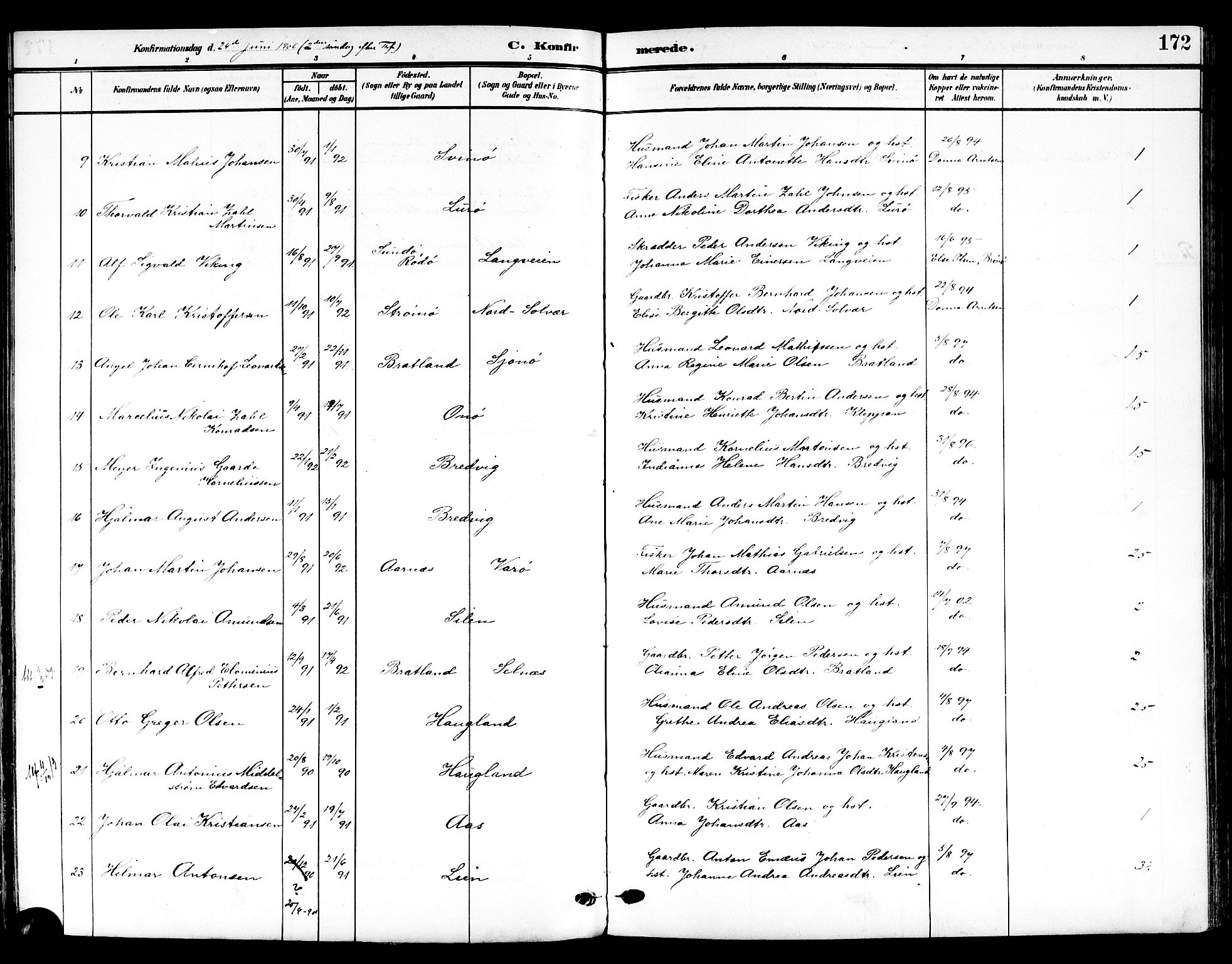 Ministerialprotokoller, klokkerbøker og fødselsregistre - Nordland, AV/SAT-A-1459/839/L0569: Parish register (official) no. 839A06, 1903-1922, p. 172