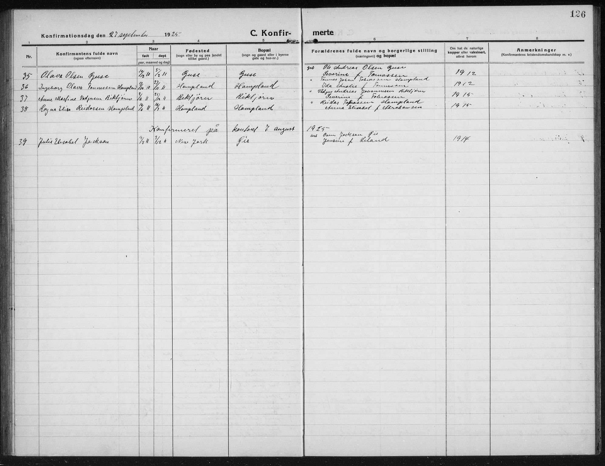 Kvinesdal sokneprestkontor, SAK/1111-0026/F/Fb/Fbb/L0004: Parish register (copy) no. B 4, 1917-1938, p. 126