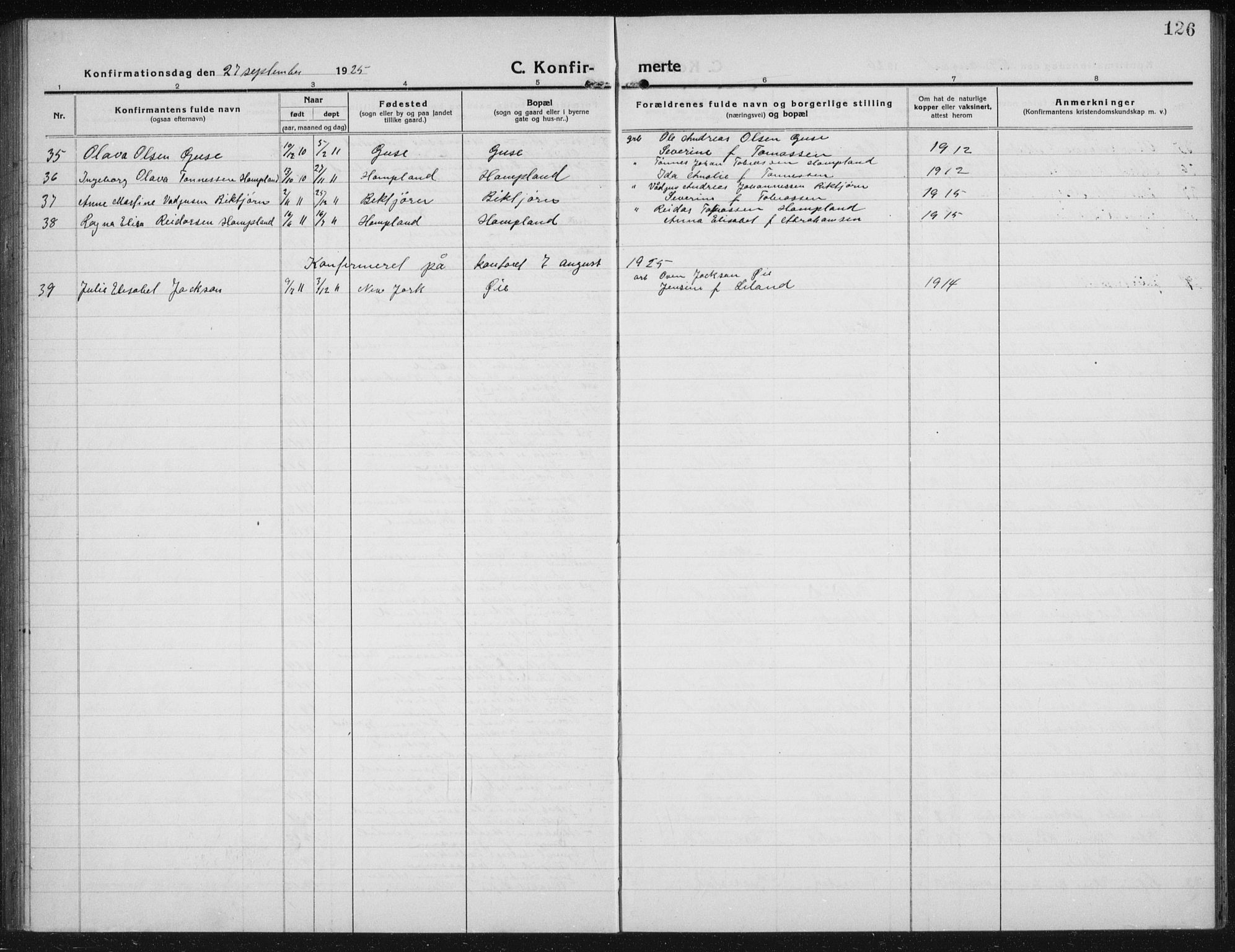 Kvinesdal sokneprestkontor, AV/SAK-1111-0026/F/Fb/Fbb/L0004: Parish register (copy) no. B 4, 1917-1938, p. 126