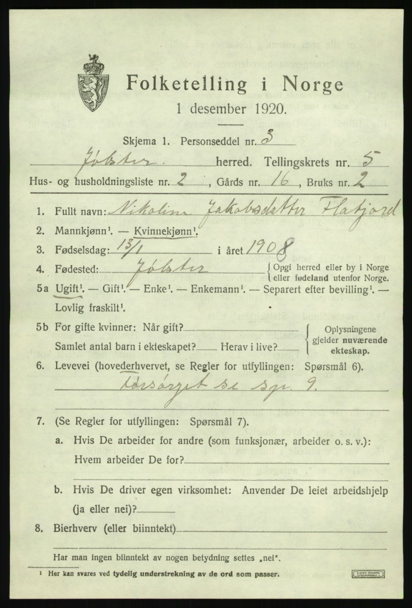 SAB, 1920 census for Jølster, 1920, p. 2944