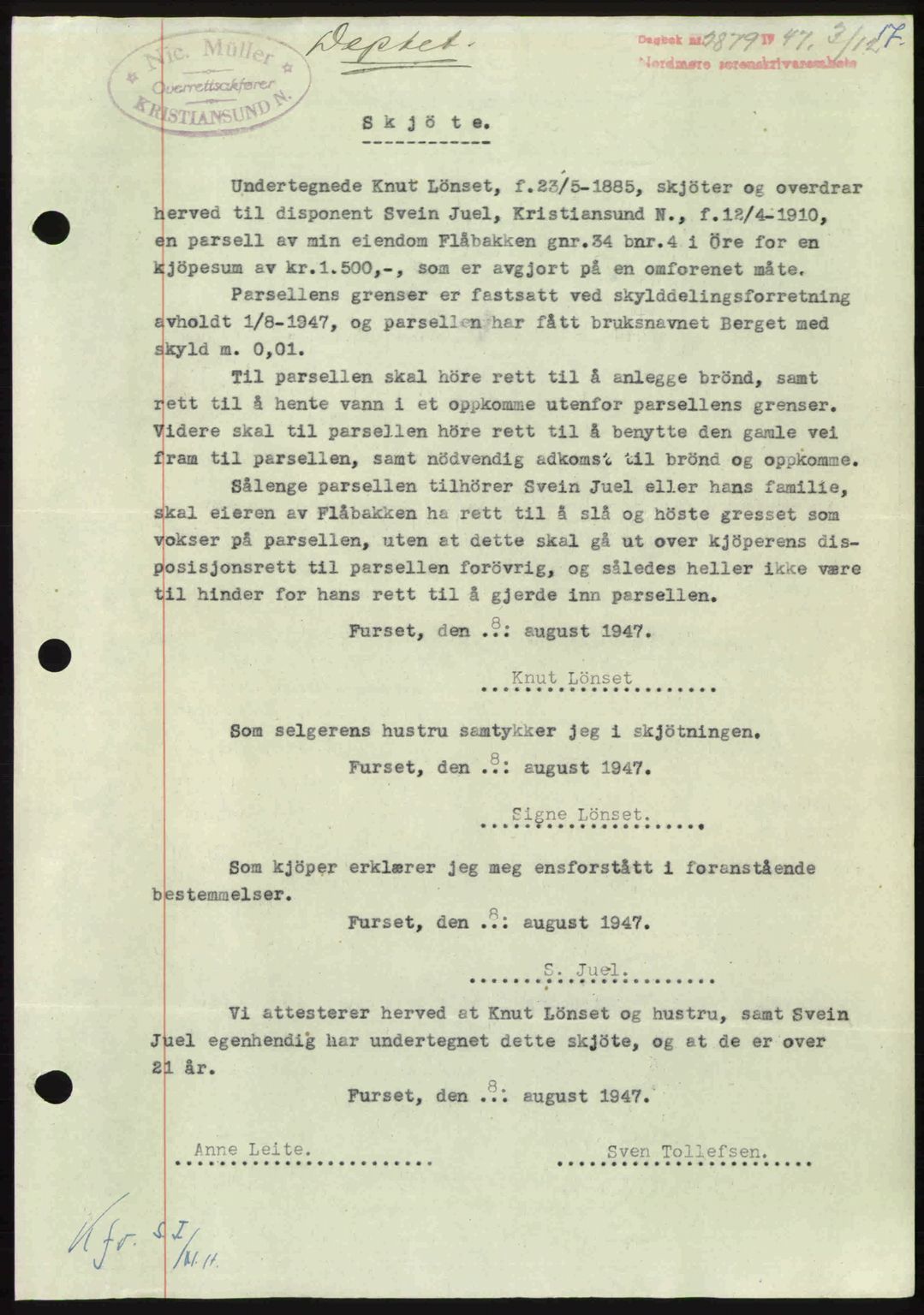 Nordmøre sorenskriveri, AV/SAT-A-4132/1/2/2Ca: Mortgage book no. A107, 1947-1948, Diary no: : 2879/1947